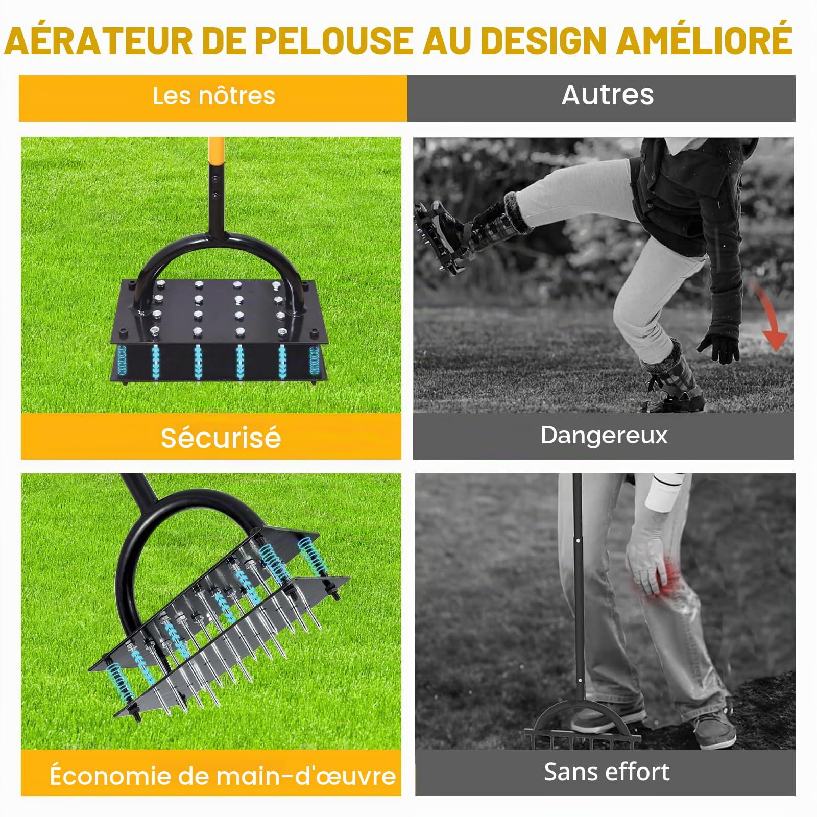 Rocky&Chao Aérateur Manuel pour pelouse – Outil de Jardin à Double Plaque avec 16 Pointes et 4 Ressorts, poignée en T, idéal pour sols compacts et Entretien du Gazon