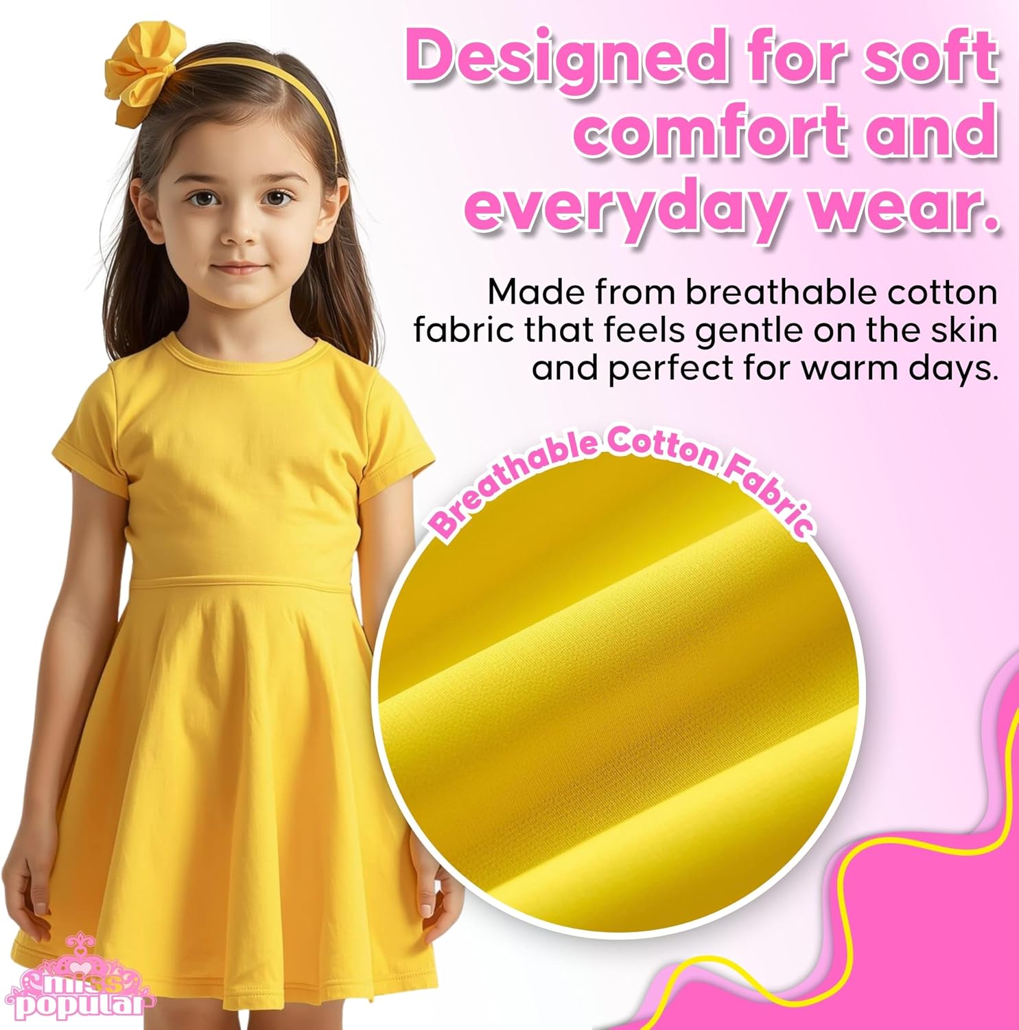 MISS POPULAR Girls 3 Pack Short Sleeve Skater Dress Soft Cotton Cute Designs Spring Summer | Sizes 4-16