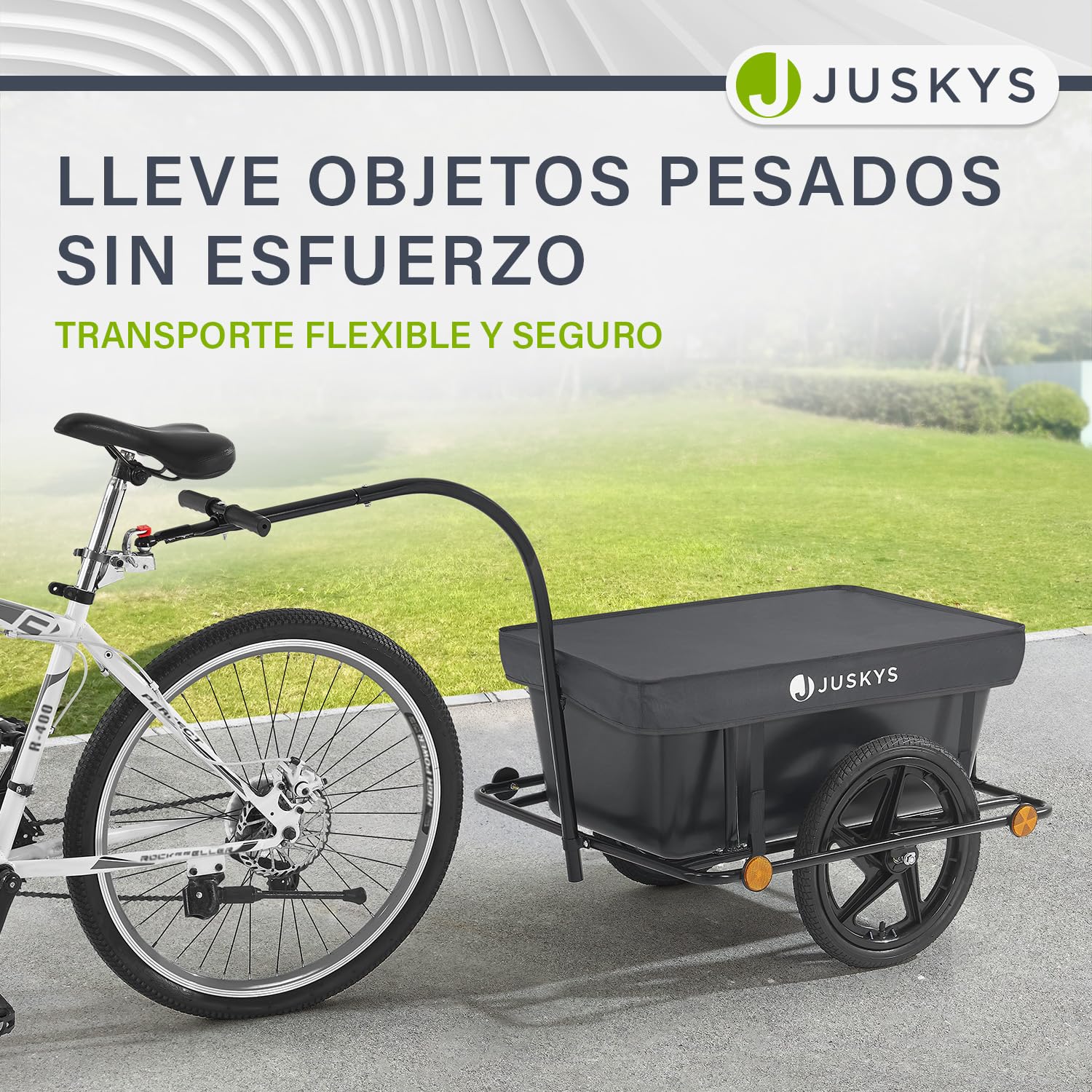 Juskys Remolque para Bicicleta 90 litros - Remolque de Carga con Enganche, Barra de tracción - Remolque para Bicicleta 40/80 kg de Carga útil - Remolque de Transporte con Lona Protectora