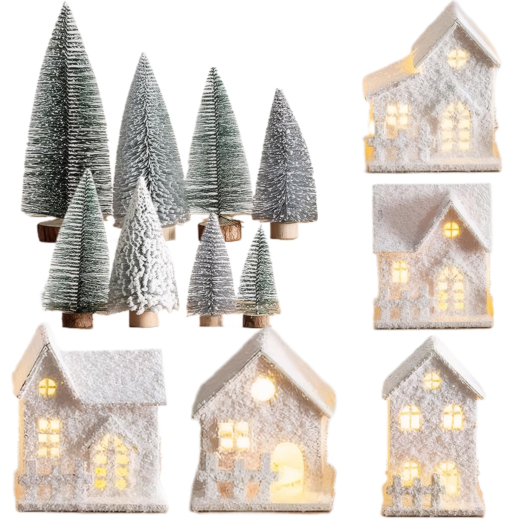 Imposta del Villaggio di Natale Illumina Le Case del Villaggio di Natale accalcate con 8 Mini Inverno in Legno Alimentato a Batteria per Tavolo, scaffale, mensola del Camino |.Decorazioni