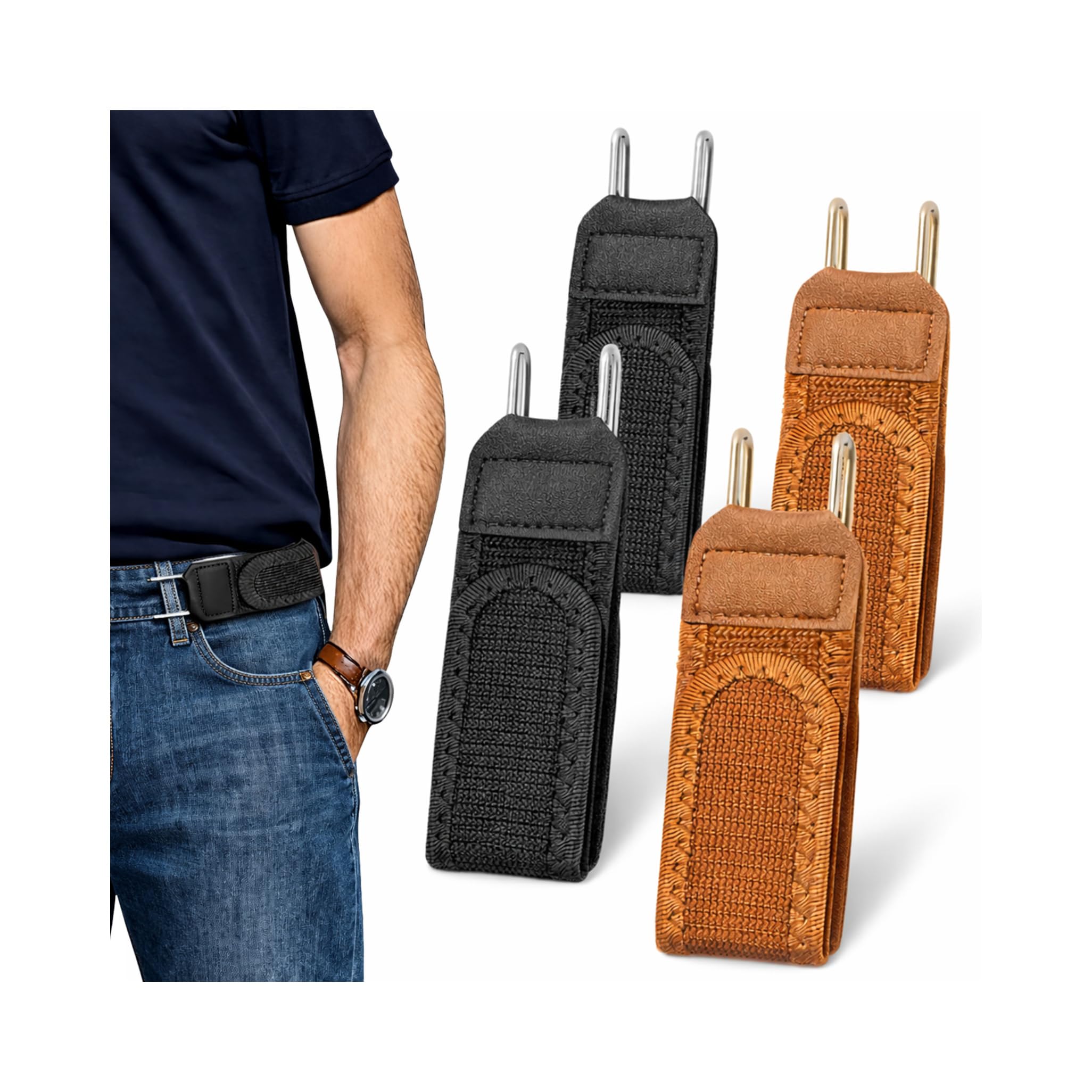 Belt without Buckle 4 Pieces Elastic Belt Without Buckle for Men & Women, Buckle-less Trousers Belt with Metal Hook & Fastening, Adjustable, Invisible, 2 Black + 2 Brown-image-22