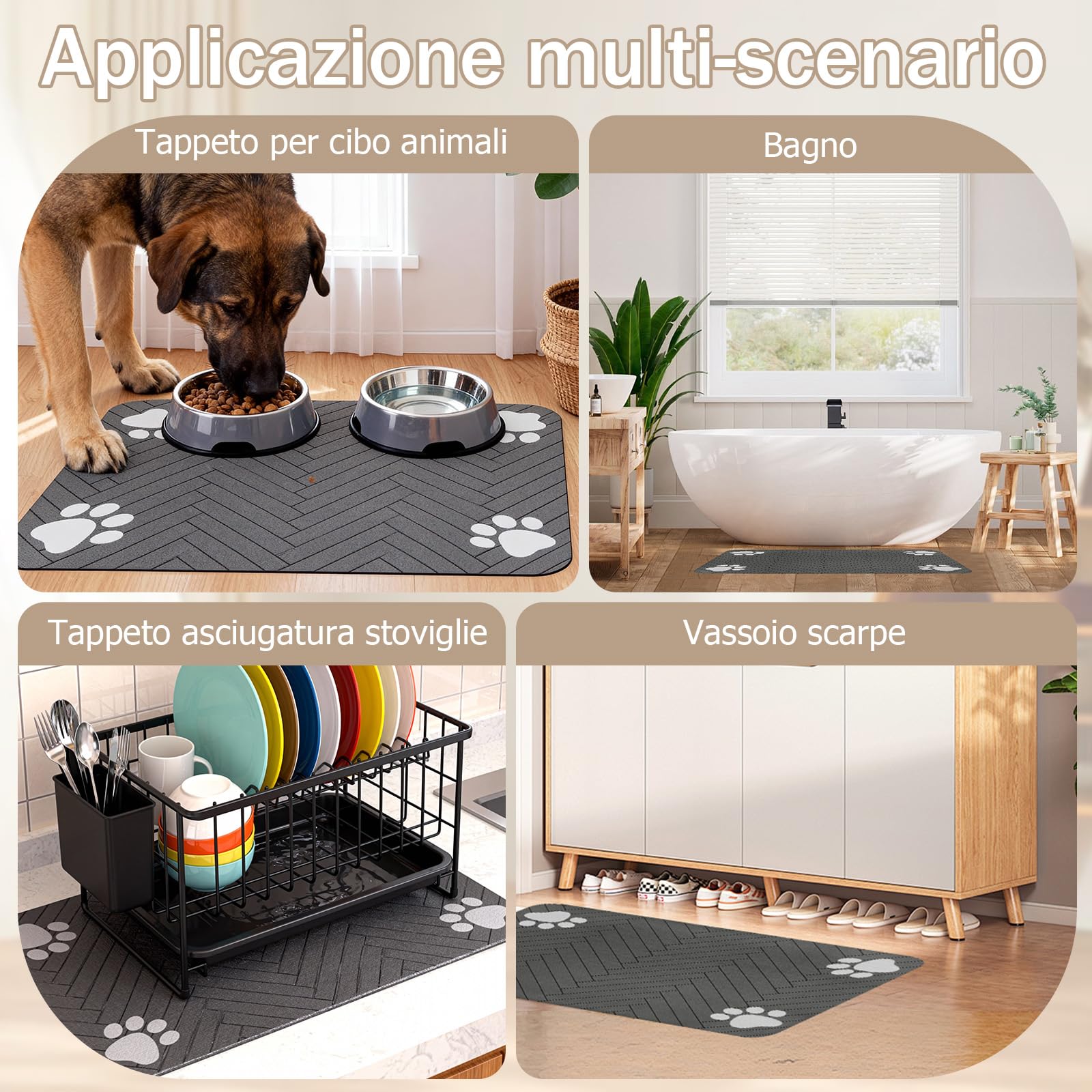 Tappetino Assorbente per Cani e Gatti, Tappetini di Alimentazione, Antiscivolo e Lavabile, Asciugatura Rapida in Diatomea, Tovaglietta per Ciotole di Animali Domestici, Grigio Scuro, 30 x 50 cm