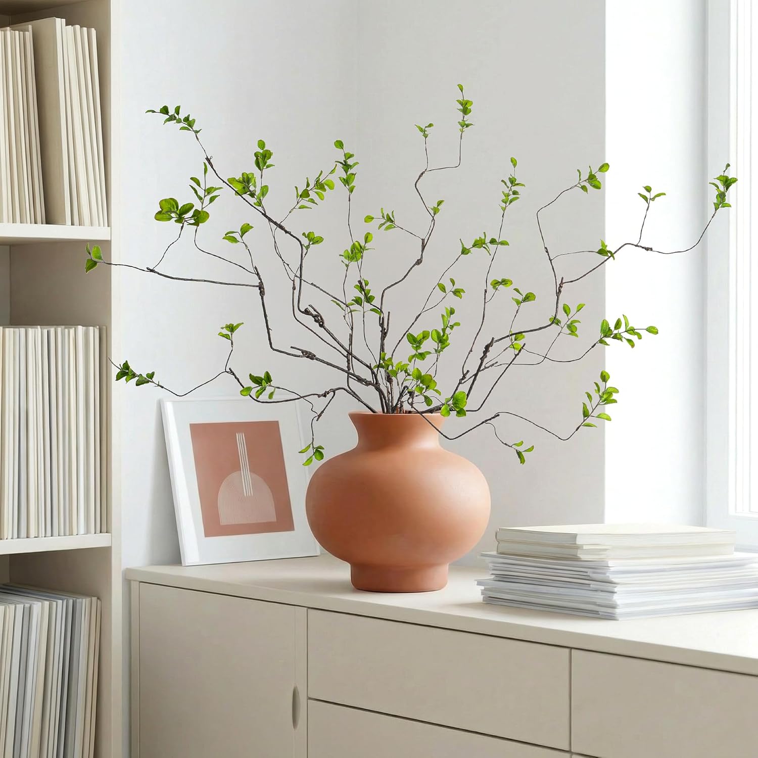 4 Pcs Fall Stems Artificial Ficus Branches, Faux Eucalyptus Stems Fall Decor, Fake Leaves Fall Decorations for Home, Autumn Table Decor Fall Branches for Vase 47.2 Inch,Green