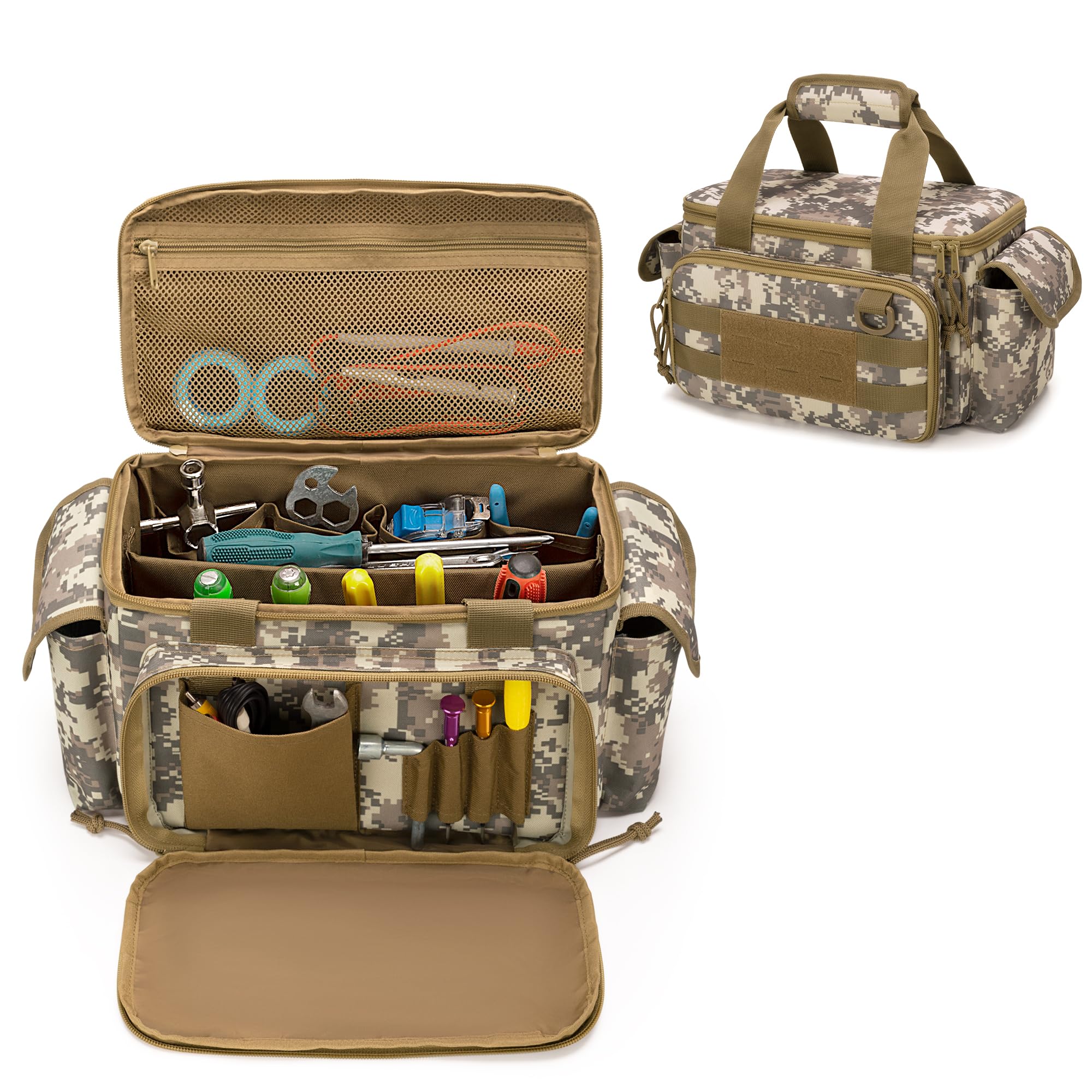 RexmicaRexmica Small Tool Bag for Men, Tool Storage Organiser with Anti-friction and Thick Padded Bottom, Tactical Bag, Multi-functional Work Bag for Repairman, Electrician, Carpenters, Camo