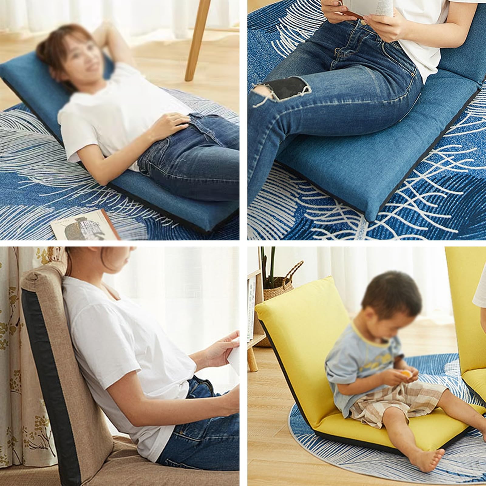 Silla De Piso, Totalmente Ajustable Sillón Reclinable Plegable, Sofá Cama Acolchado con Soporte para La Espalda para Balcón Sala De Estar Lectura Dormitorio (Color : Beige, Tamaño : 18x20x27