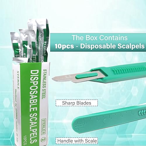 Miniatura 2 de Cuchillas de bisturí desechables #15 hechas de acero inoxidable templado, caja de 10 cuchillos de bisturí estériles con mango de plástico, bolsas