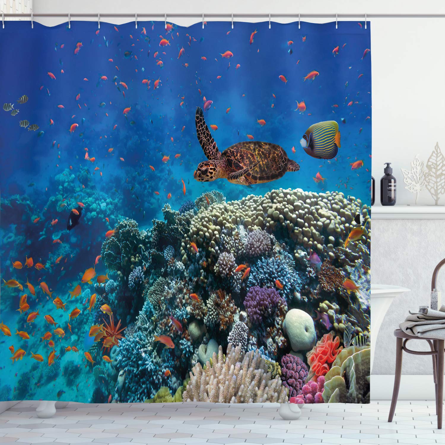 ABAKUHAUS Fish Shower Curtain, Exotic Fish and Turtle in Fresh Water on Stony Corals Bio Diversity Wild Life Photo, Cloth Fabric Bathroom Decor Set with Hooks, 70 Inches, Multicolor