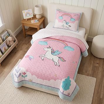 Soul & Lane - Pink Unicorn Quilt Set, Girls Bedding, Twin with 1 Sham