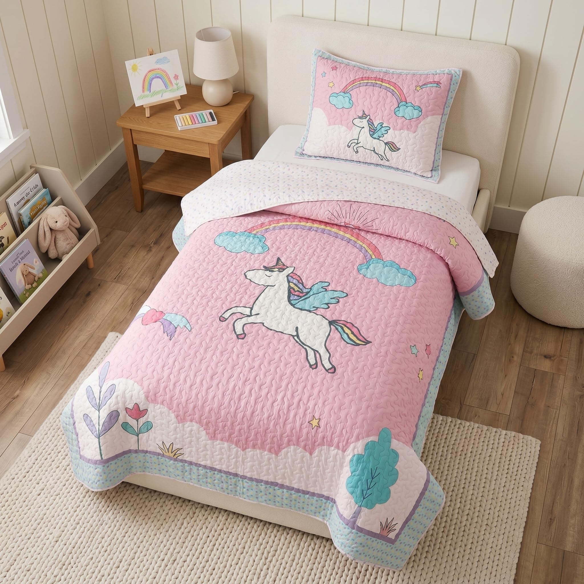 Soul &amp; Lane - Pink Unicorn Quilt Set, Girls Bedding, Twin with 1 Sham