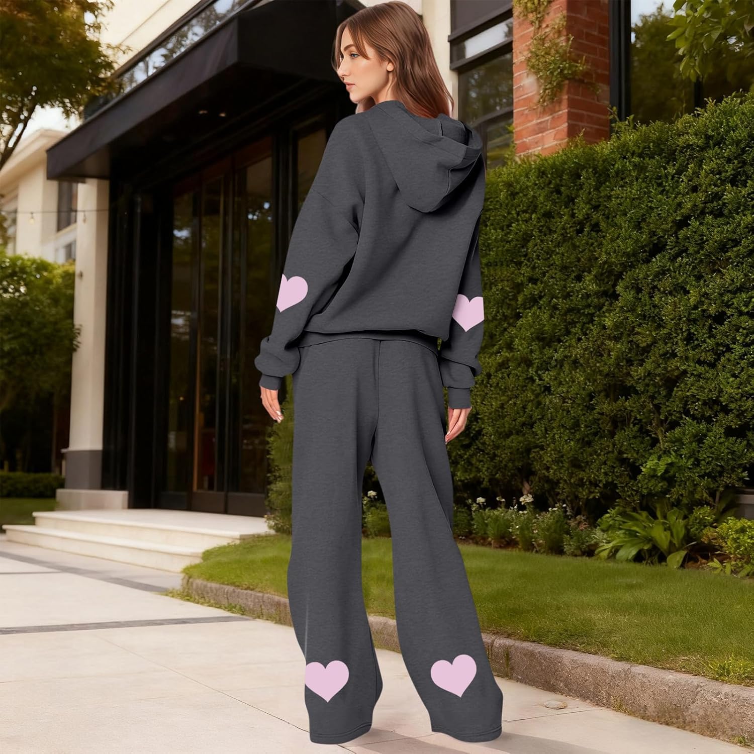 Two Piece Sets for Women Heart Print Soft Fleece Sweatsuits Cute Y2k Comfy Preppy Oversized Hoodie Wide Leg Pants - Image 2