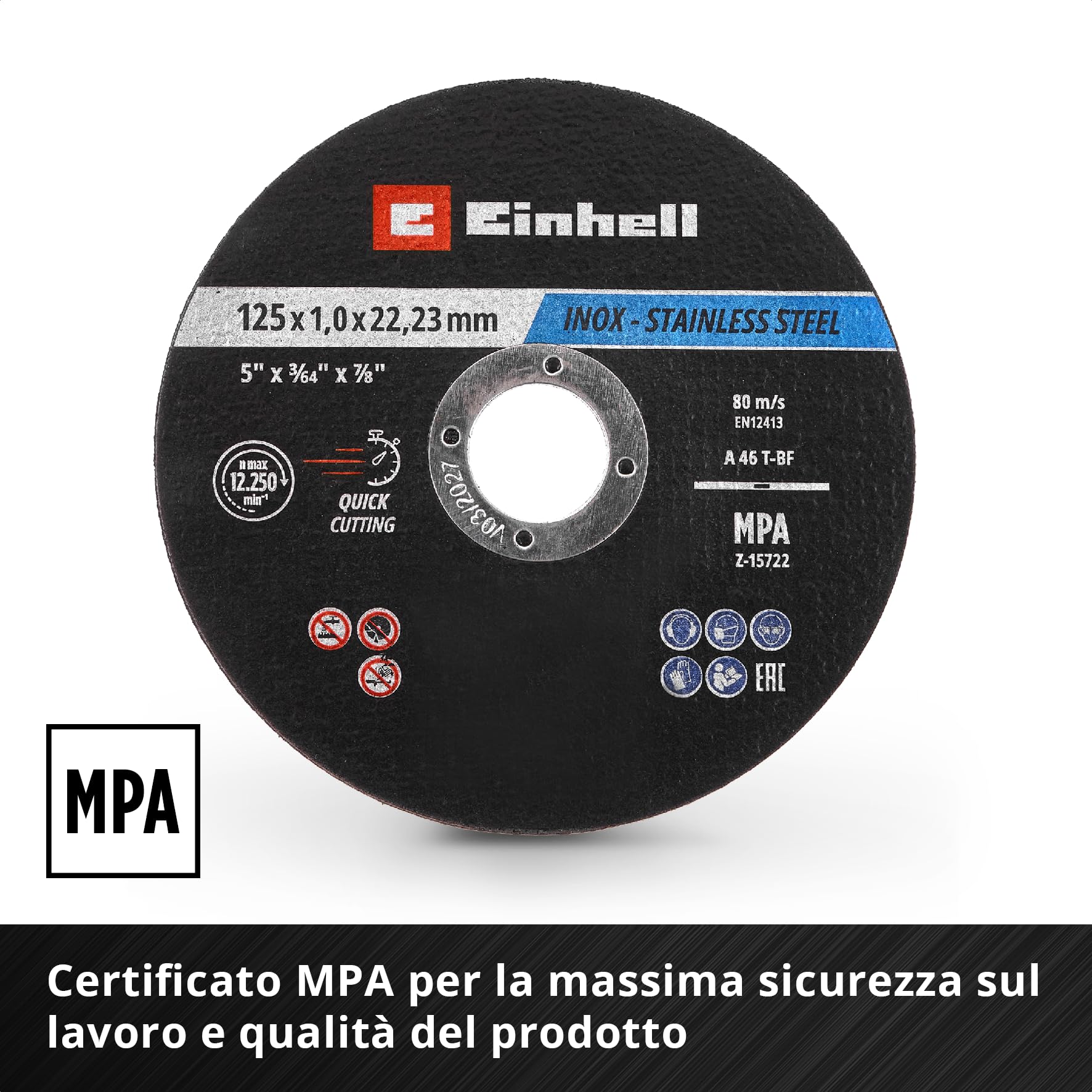 Einhell 50 dischi da taglio sottili, Inox, Ø 125 x 1 mm | Taglio di precisione | lavorazione del metallo | foro da 22,23 mm | certificato MPA | versione piana | confezione inclusa