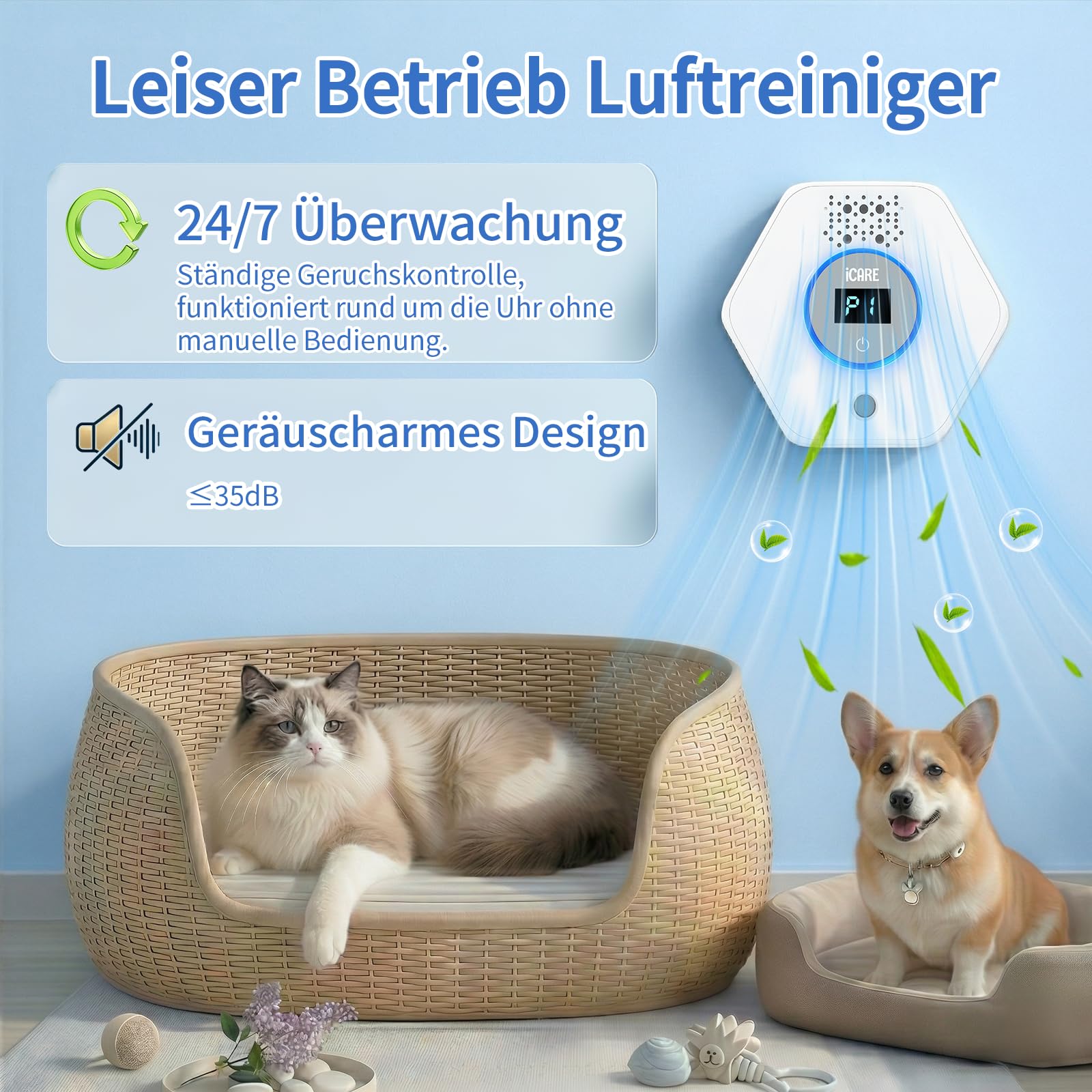 Katzenstreu Geruchsbeseitiger, Ozon & Negative Ion Cat Odor Eliminator mit Sensor Monitor, Katzentoiletten Desodorierer mit 3 Led Licht Modi, Lufterfrischer, Effektiver Luftreiniger Für Haustiergerüc