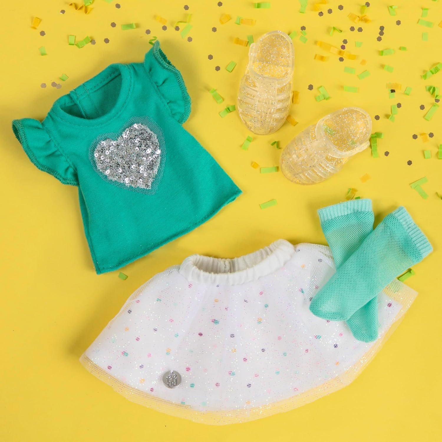 Glitter Girls – 14-Inch Doll Clothes – Sparkling with Style Glittery Top and Skirt Regular Outfit - Doll Top & Skirt, Green White - 3+ Years