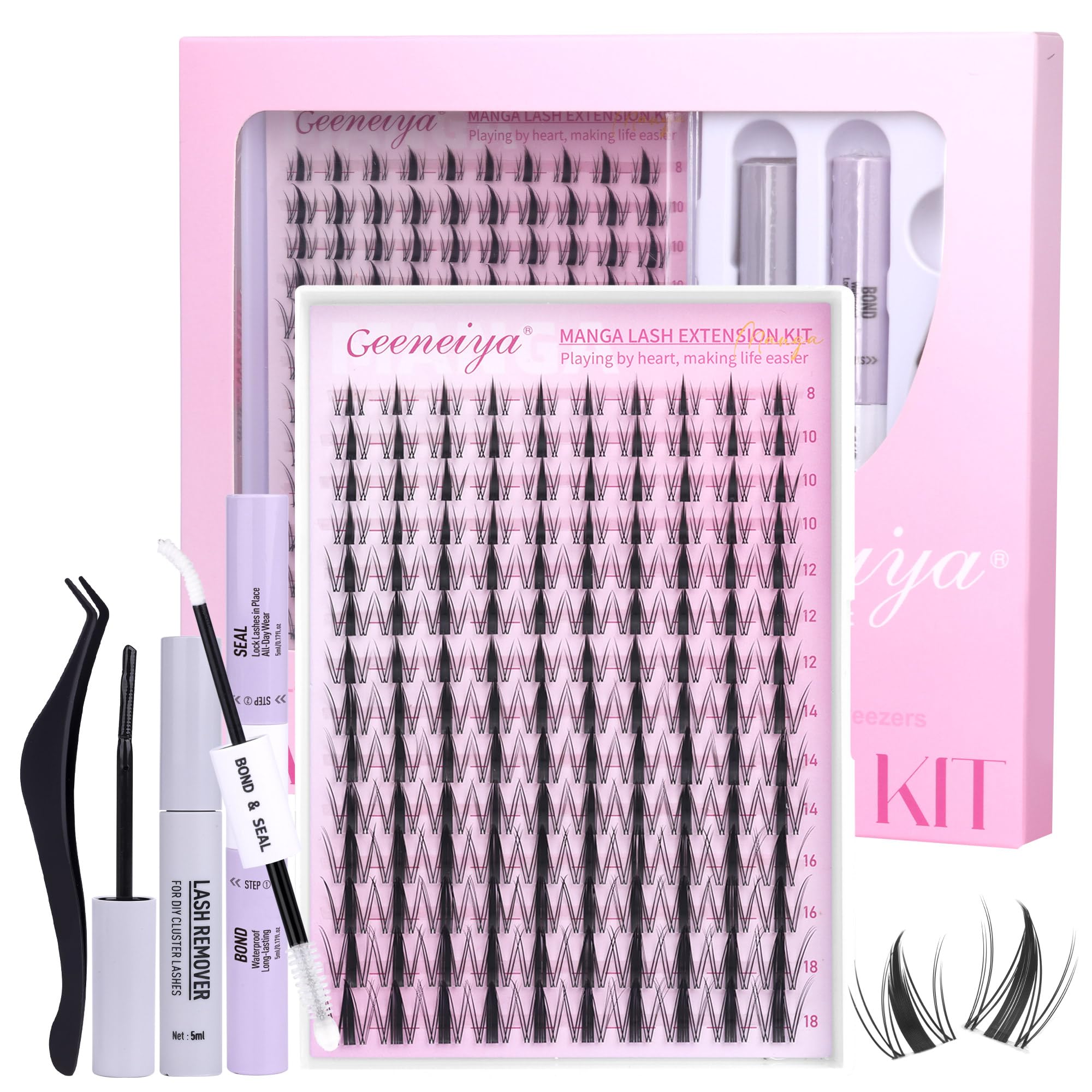 Geeneiya Manga Lashes Clusters Kit DIY Lash Extension 8-18MM Invisible Lash Clusters Soft Band Cluster Eyelash Extensions Kit