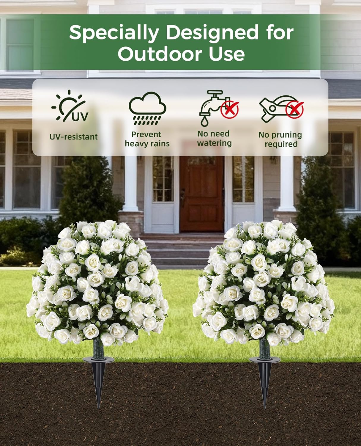 24’’ White Rose Topiary Ball Tree, Faux Plants Outdoor Rose Bush, Fake Evergreen Potted Plants Artificial Decor for Garden, Front Porch, Living Room, Balcony Decor