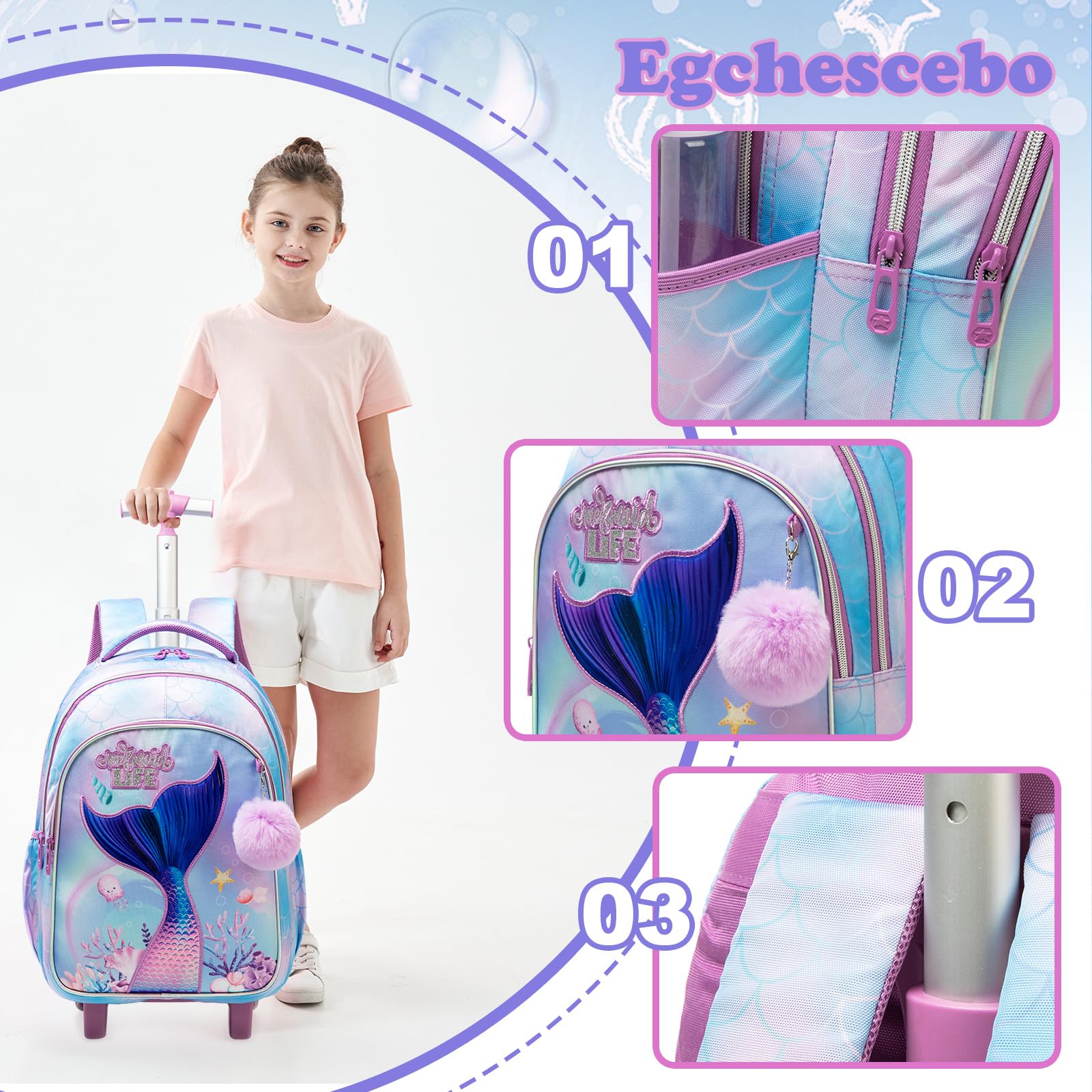 Zaino con Rotelle Bambina Trolley Sirena Zainetto Asilo Scuola Elementare Primaria 17” 3PCS Borsa Pranzo Portamatite Media Carrello Valigia Ragazza per Valigia da Viaggio Blu Cielo