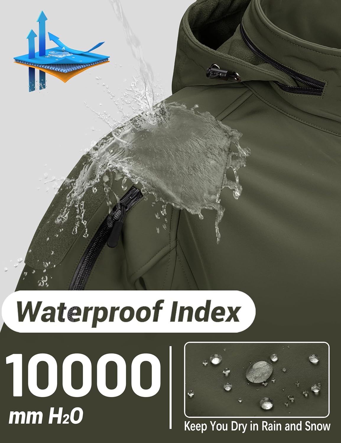 TACVASEN Men's Rain Jacket Tactical Military Hoodie Waterproof Windbreaker Softshell Winter Fleece Coats Hiking Outdoor - Image 5
