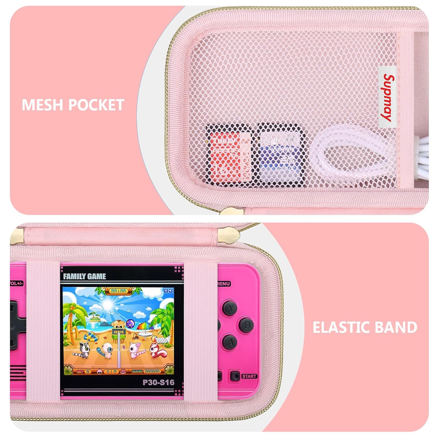 Supmay Carrying Case Compatible with WELLST·G Handheld Game for Kids -Preloaded 220 Retro Video Games, Portable Gaming Player Storage Holder Travel Bag with Mesh Pocket for USB Cable, Pink - Image 4