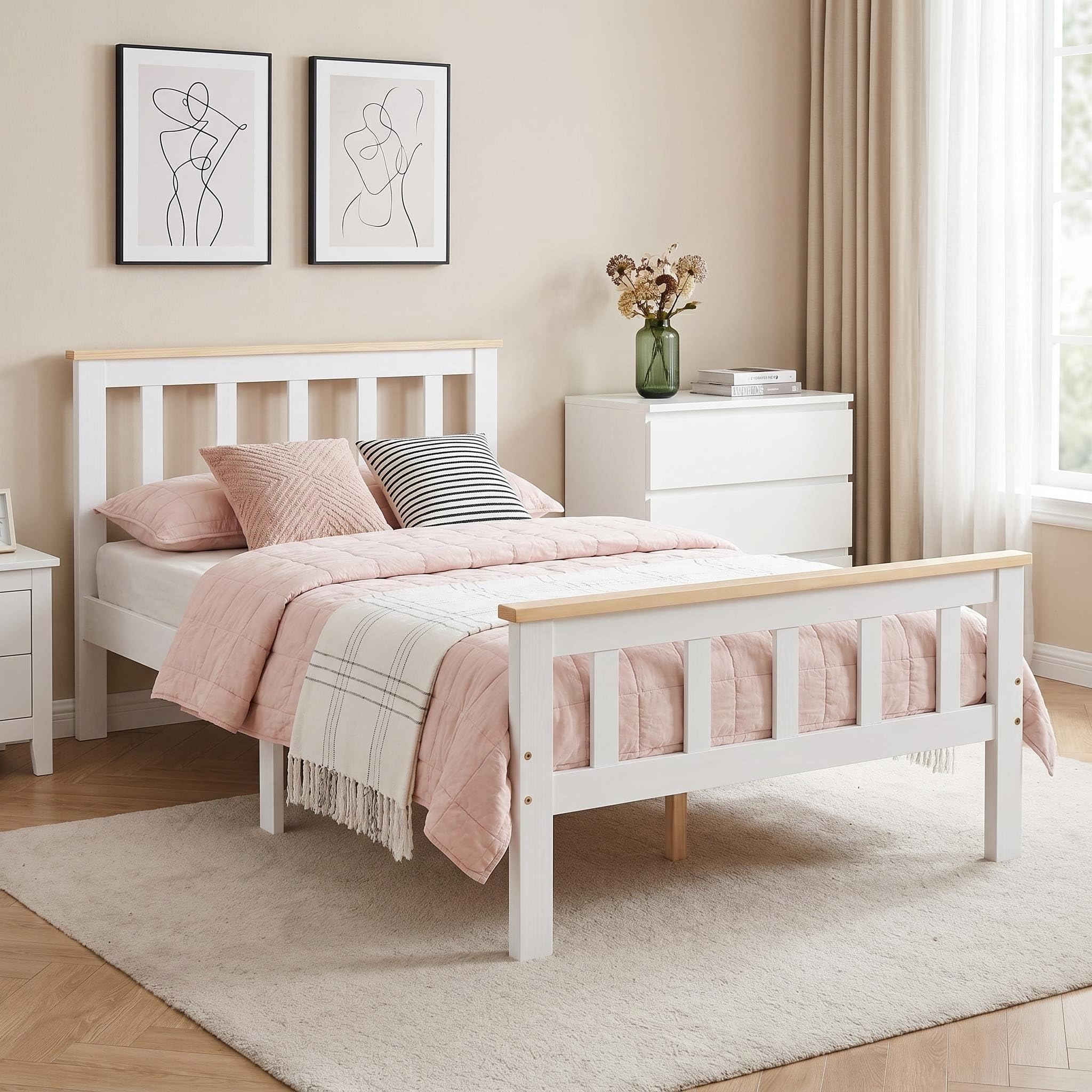 Panana Single Bed Frame 3FT Solid Pine Wood Classic Single Bed For Kids, Adults, Teenagers (White+Oak)