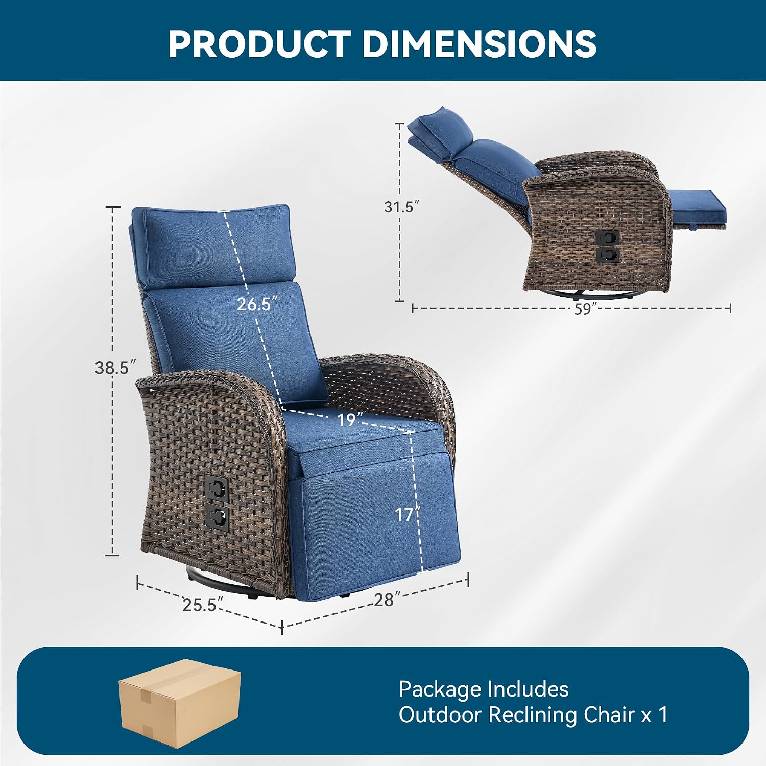 Zero Gravity Patio Swivel Recliner Chair - Wicker Outdoor Lounge Chair with Adjustable Backrest & Footrest, All Weather Reclining Chairs with Thick Cushion for Pool Deck Blue image 2