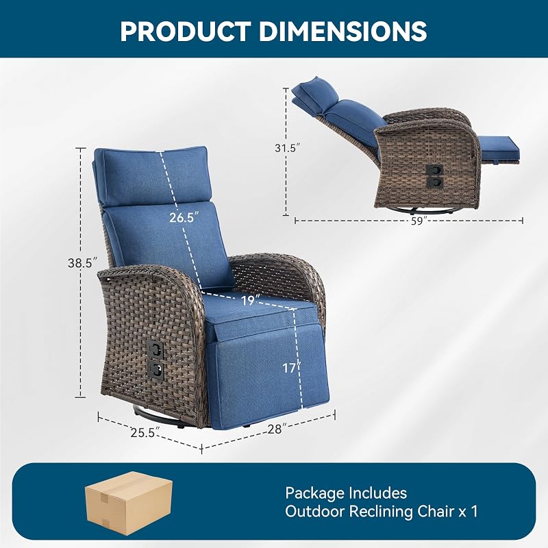 Jelwaly Zero Gravity Patio Swivel Recliner Chair - Wicker Outdoor Lounge Chair with Adjustable Backrest & Footrest, All Weather Reclining Chairs with Thick Cushion for Pool Deck Blue image 2
