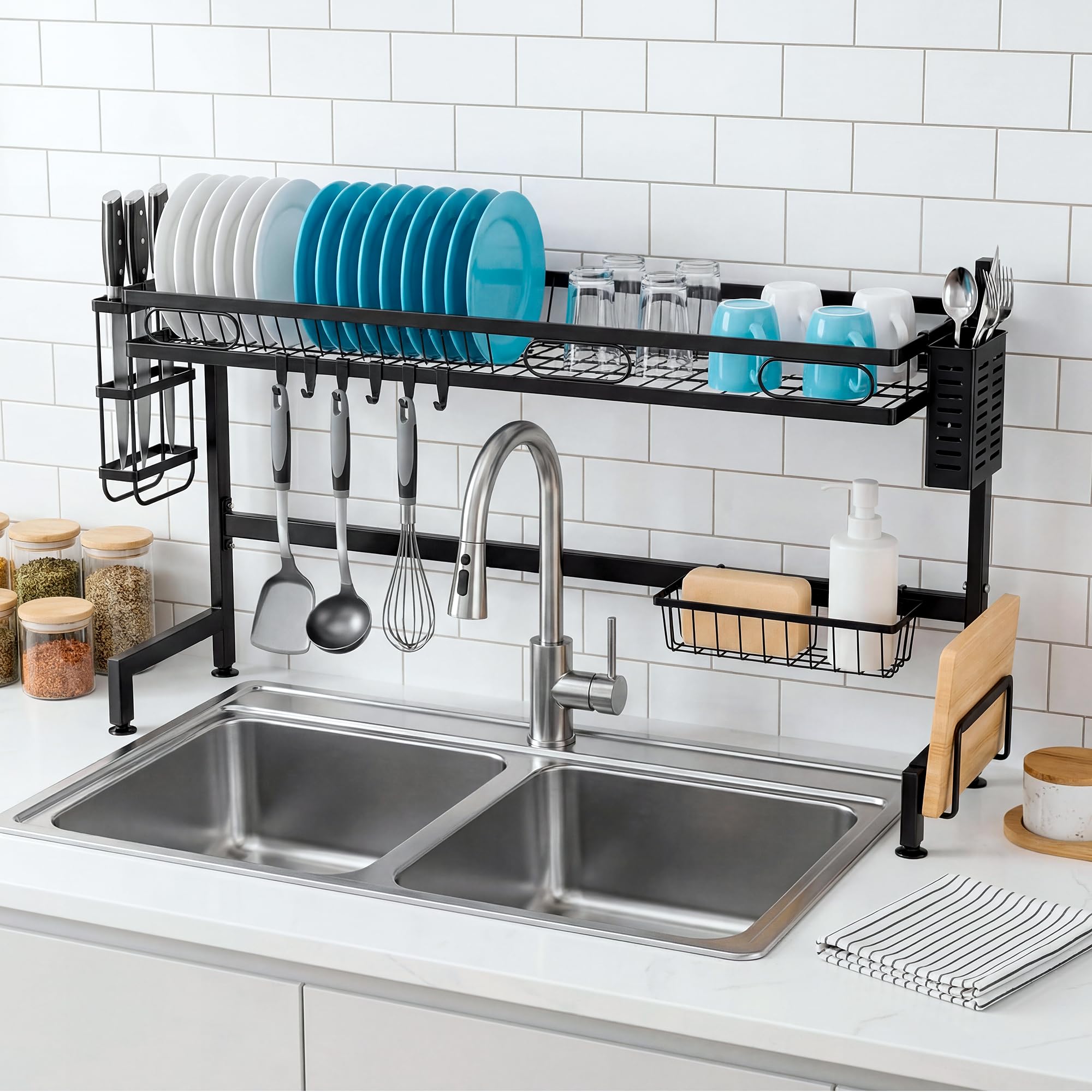 JUPPLIES Escurreplatos sobre Fregadero 2 Niveles 85x30x52,5cm – Escurridor de Platos de Acero Inoxidable con Soporte para Cubiertos, Tabla de Cortar y Ganchos – Escurre Platos Antideslizante Negro