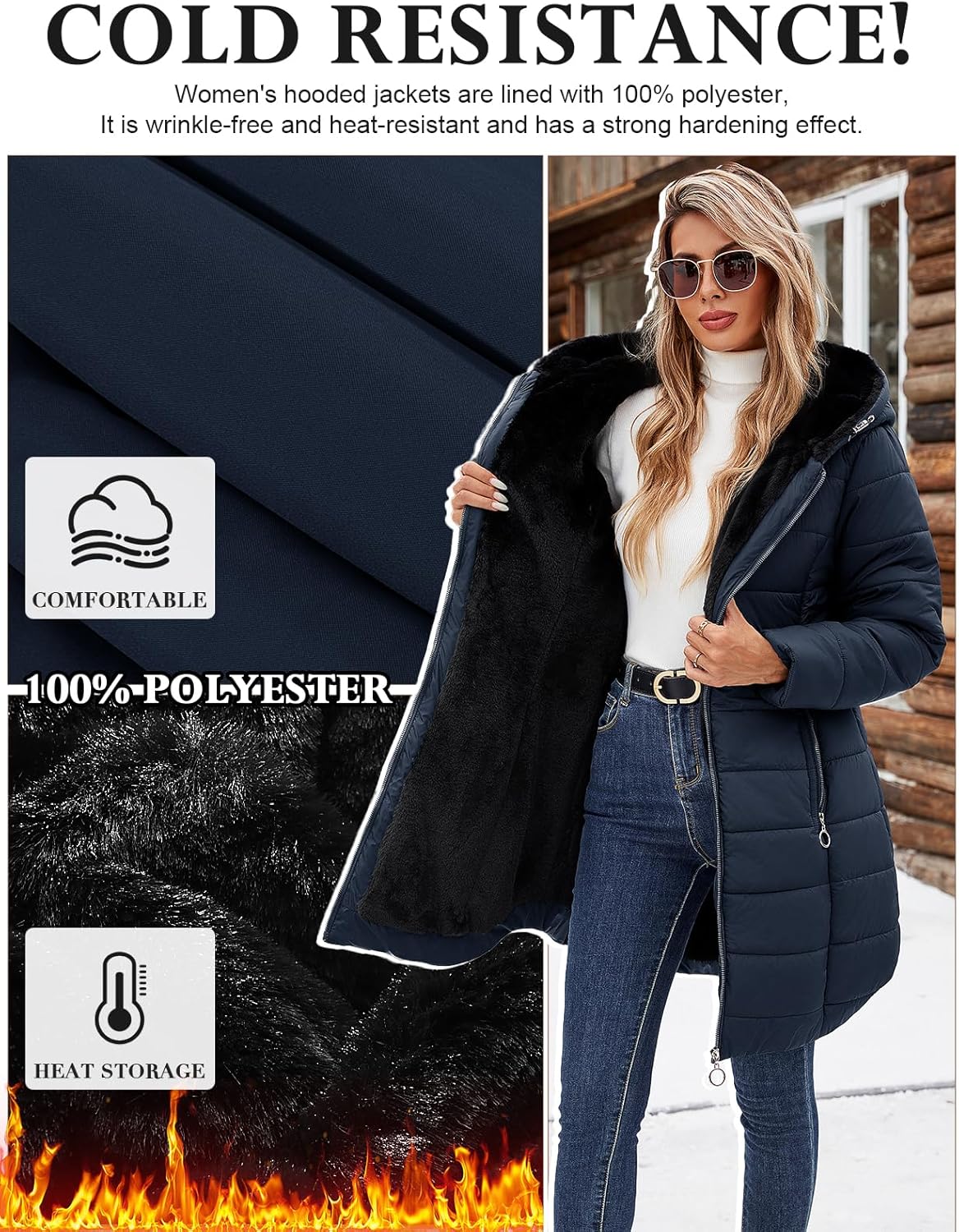 Women's Puffer Coat Winter Long Quilted Jacket Zip Up Fleece Lined Down Jacket Windproof Warm Thicken Hooded Parka Coat - Image 6