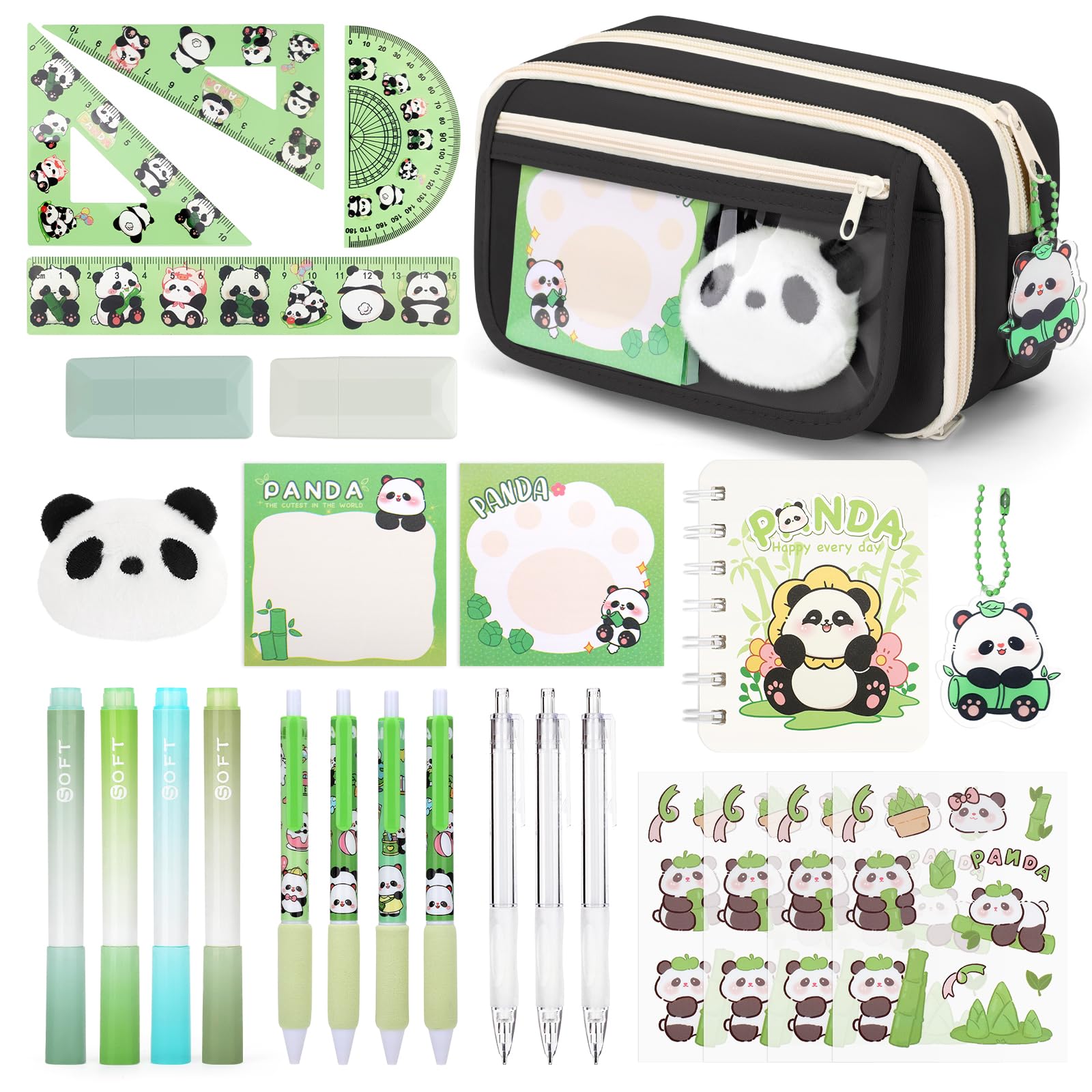 KOSTACHI Panda Stationery Set, Panda Pencil Case with Stationary, Large Capacity Pencil Case for Girls Boys with Gel Pens, Highlighters, Mechanical Pencils, Rulers, Sticky Notes & Stickers, Black
