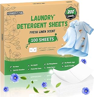 HOMERHYME Laundry Detergent Sheets - Fresh Linen Scent, 200 Loads (100 Sheets), Plastic Free Laundry Sheets for Travel, Dorms, Home, Apartments, Eco & Hypoallergenic