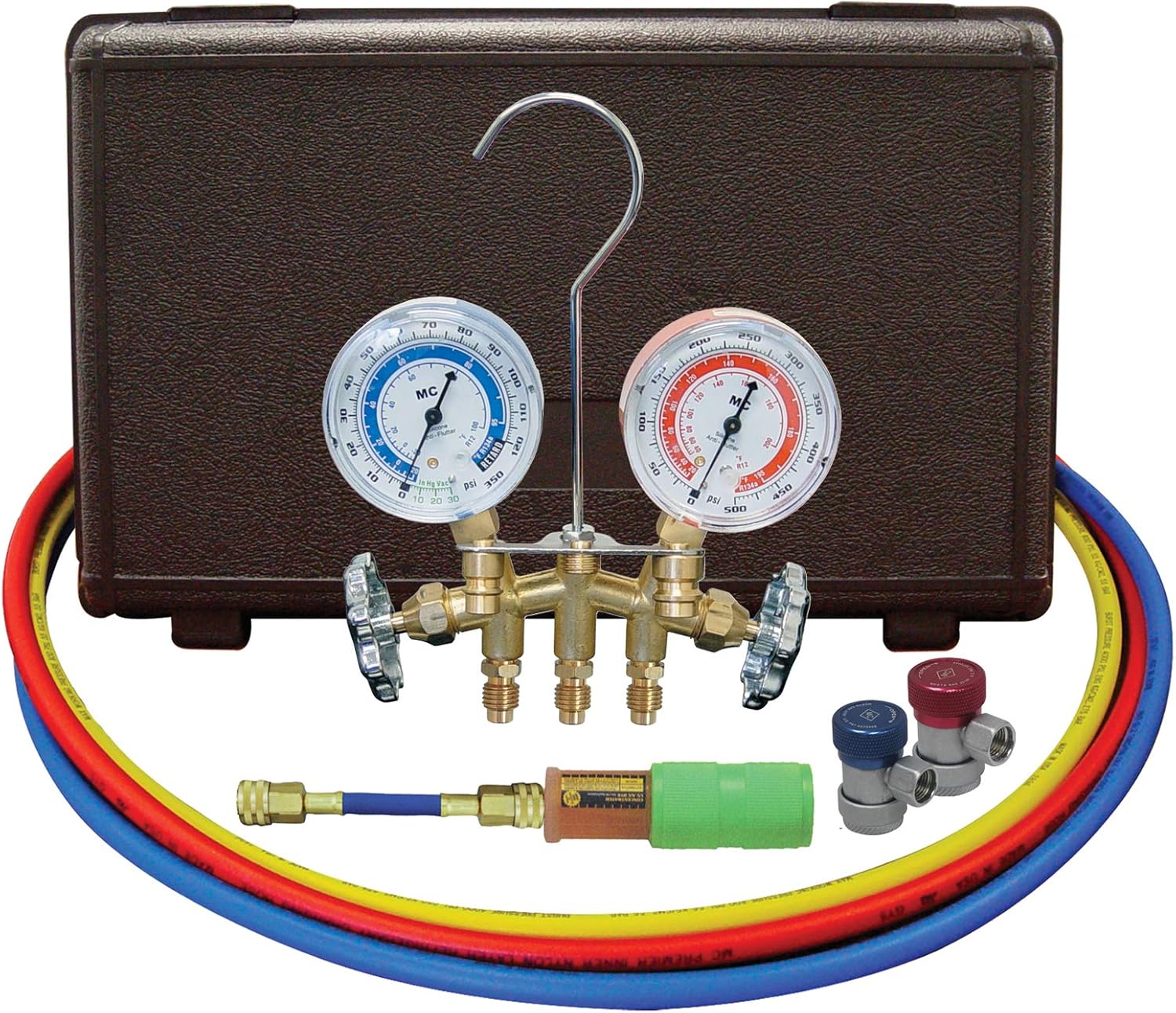 Mastercool 84661-UV R134a 2-Way Brass Manifold Gauge Set Kit with Manual Couplers, 3 × 60″ Hoses, 2½″ Silicone-Dampened Gauges & 10-Application Mini Dye Injector for Automotive A/C Service