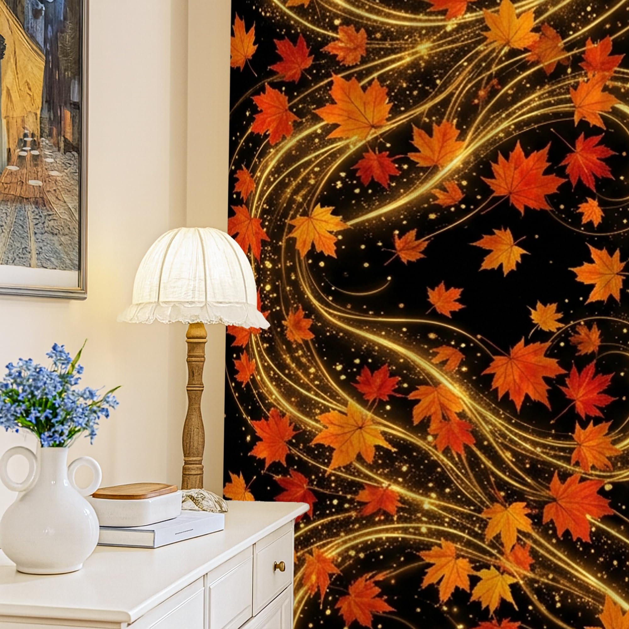 Verdunkelungsvorhänge, Ahornblätter, traditionelle Wirbel, Sterne, Herbst, schwarz, wärmeisoliert, Ösenvorhänge für Wohnung, Wohnzimmer, Schlafzimmer, 132 x 213 cm