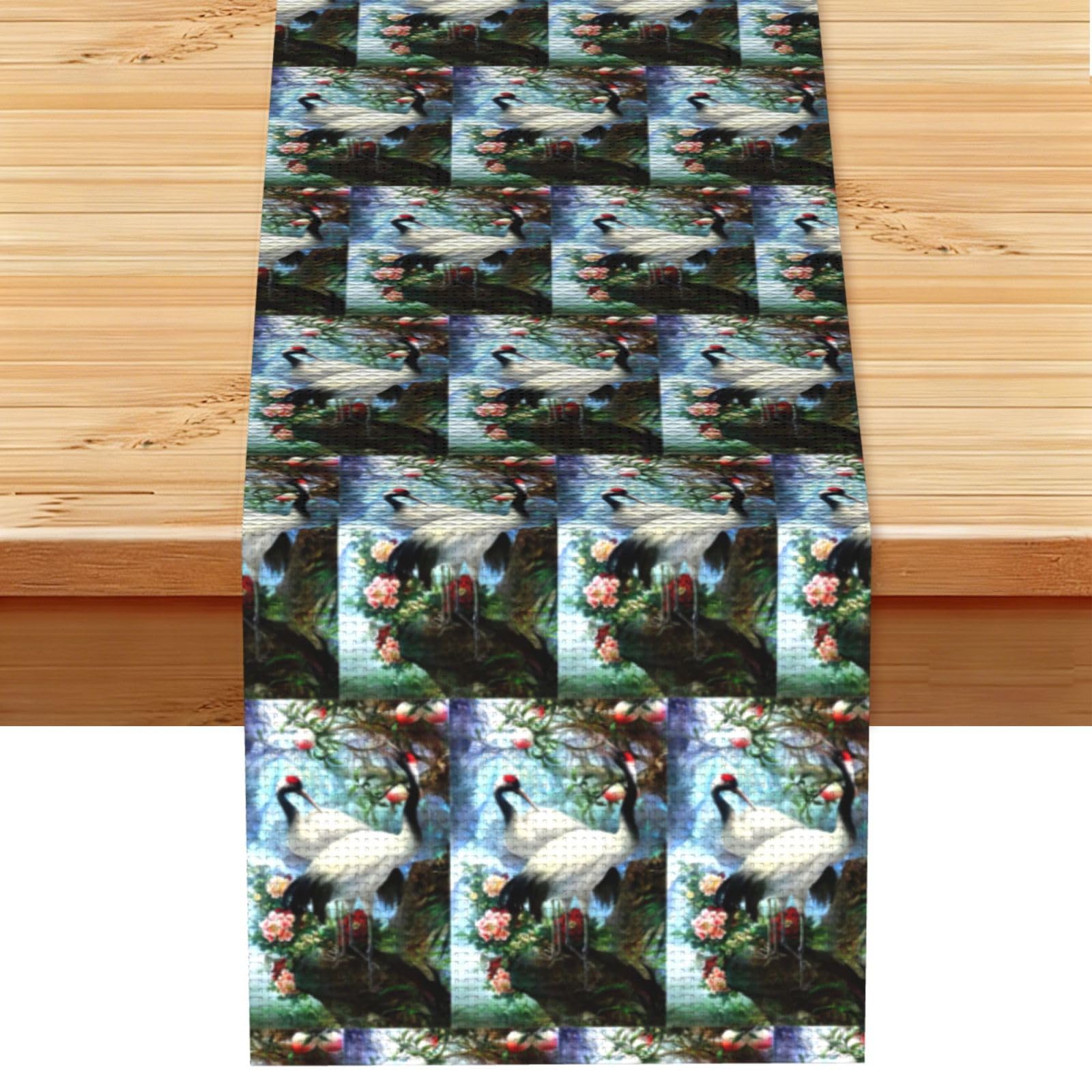 Chinese Crane Bird Peach Tree Stylish Printed Table Cloth, Decorative Table Runner 13x72in for Home, Party and Banquet Home Decor