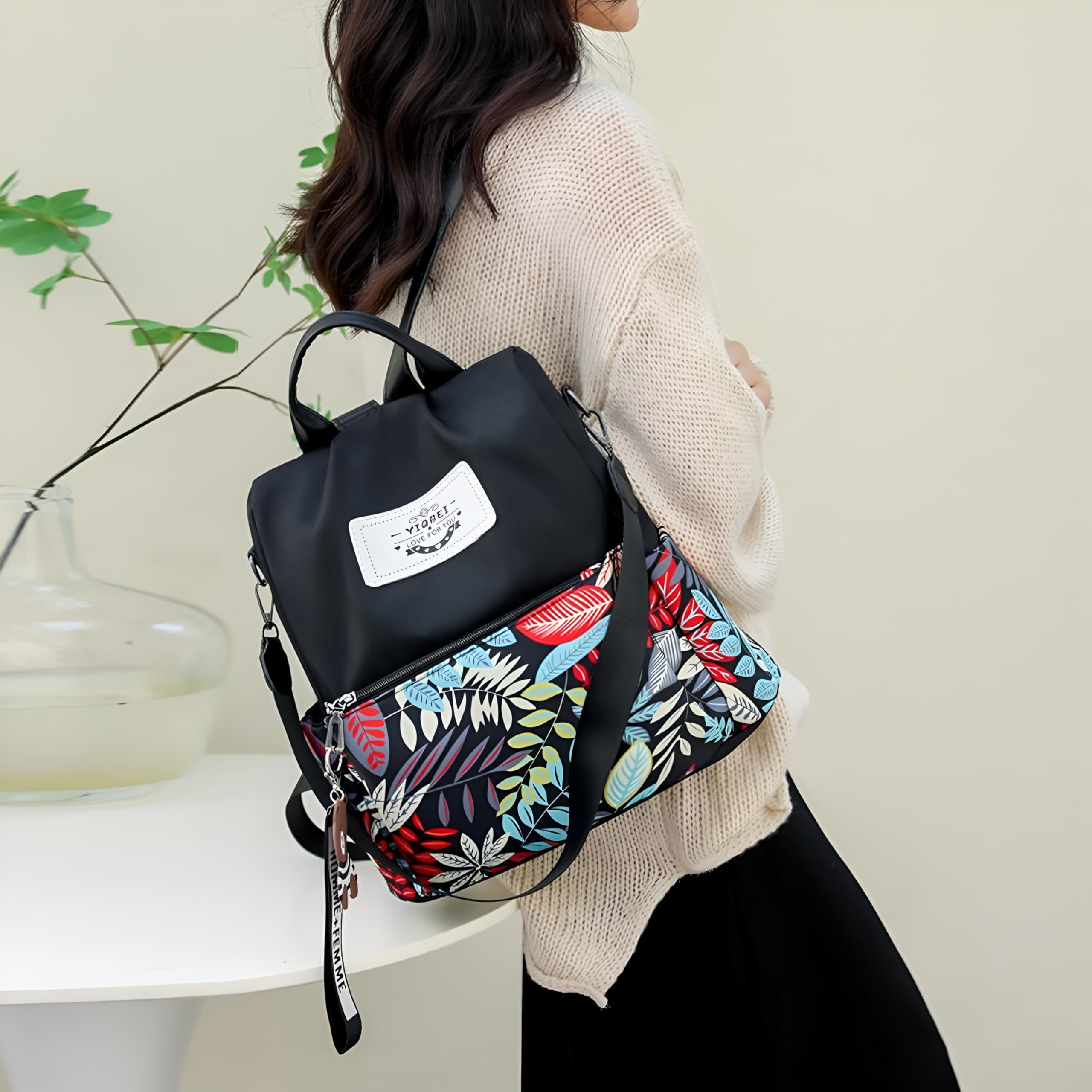 BANQLYN Lightweight Women Backpack,3 in 1 Waterproof Nylon Anti-theft Shoulder Bag,Double zipper Ladies Rucksack Handbags Daypack (Leaf) 3