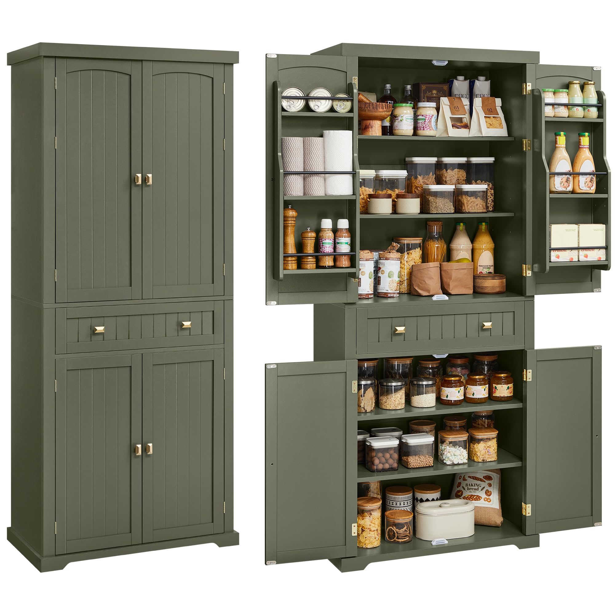 חֲזִית view of the assembled VASAGLE Pantry Cabinet in green