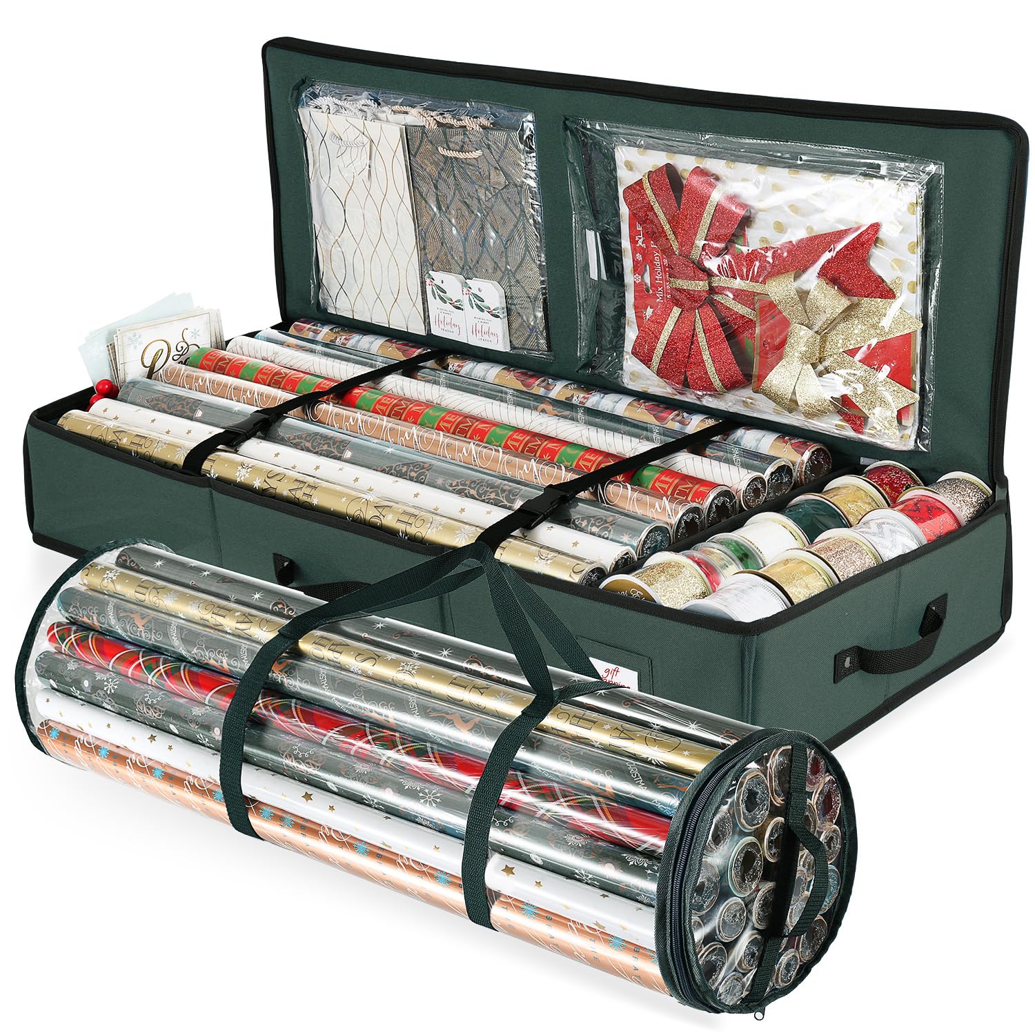 Hearth &amp; Harbor Wrapping Paper Storage Container and Clear Wrap Paper Holder - Christmas Storage Bag with Interior Pockets - Fits Up to 36 Rolls of 40" - Tear Proof, Green