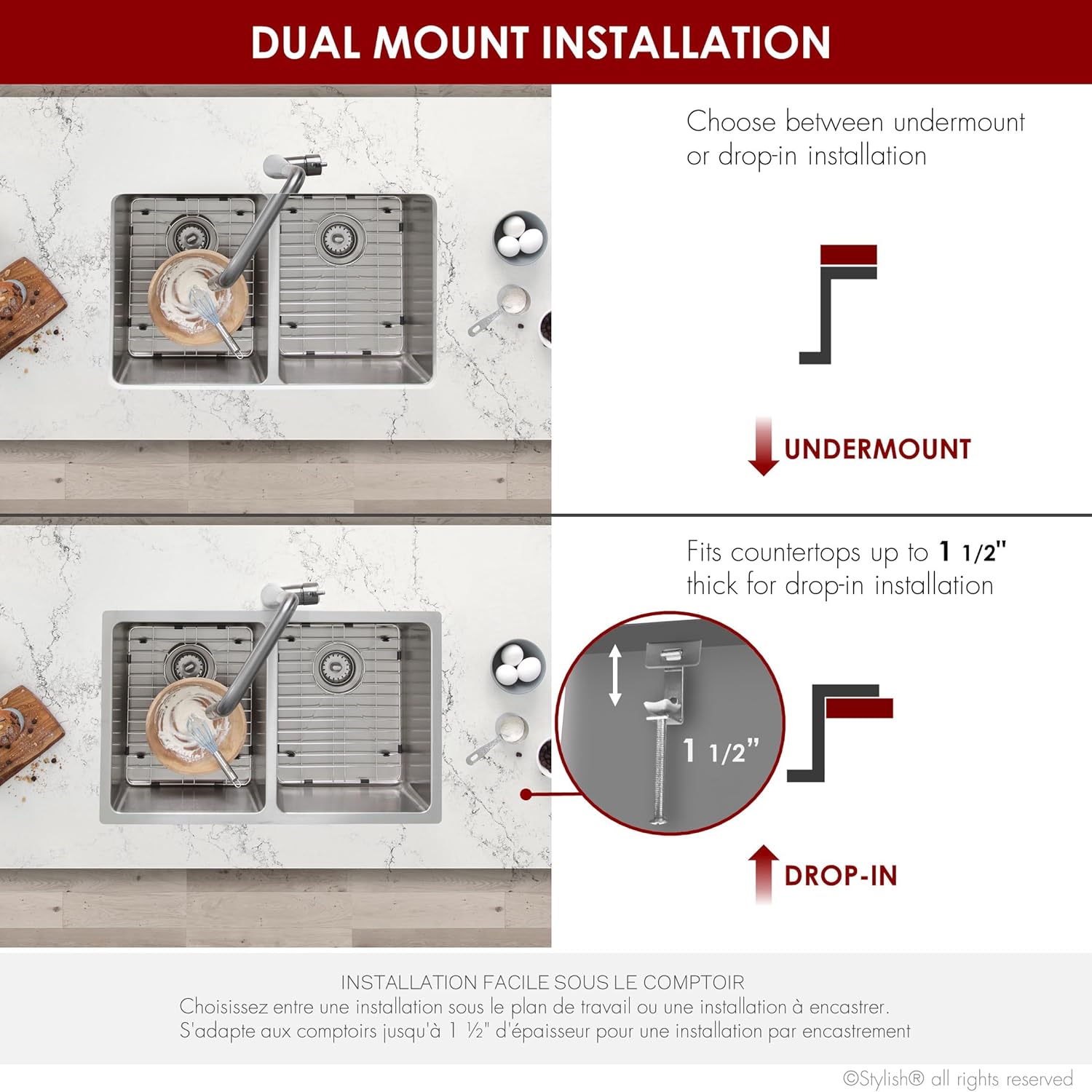 Stylish 31 x 18 Inch Drop in or Undermount 16G Stainless Steel Kitchen Sink 9 Inches Deep and Double Bowl Kitchen Sinks with Bottom Grids and Standard Metal Strainers, S-401G
