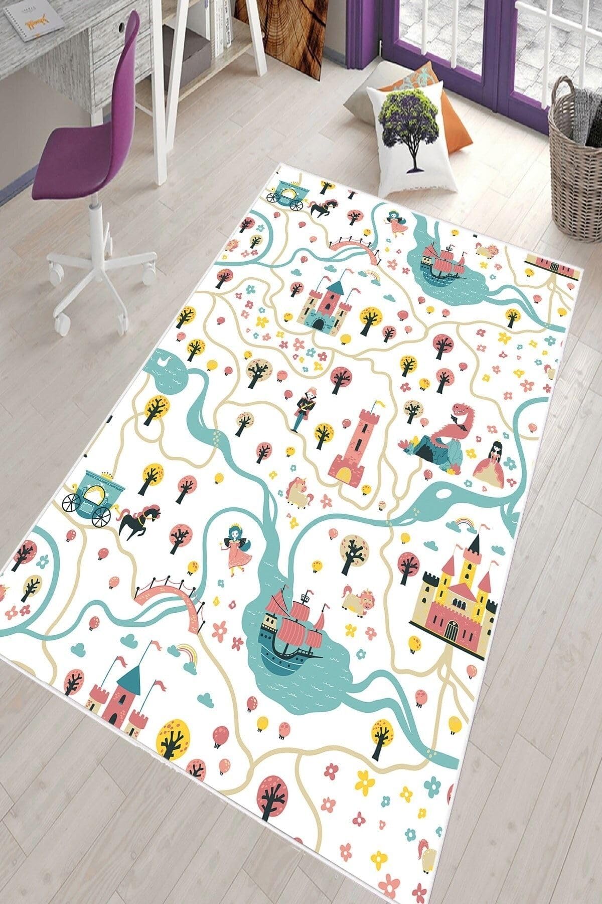Pelangi Beyaz Şato Desenli Yıkanabilir Kaymaz Taban Leke Tutmazbebek Ve Çocuk Odası Halısı, Beyaz-Mavi 120 x 160