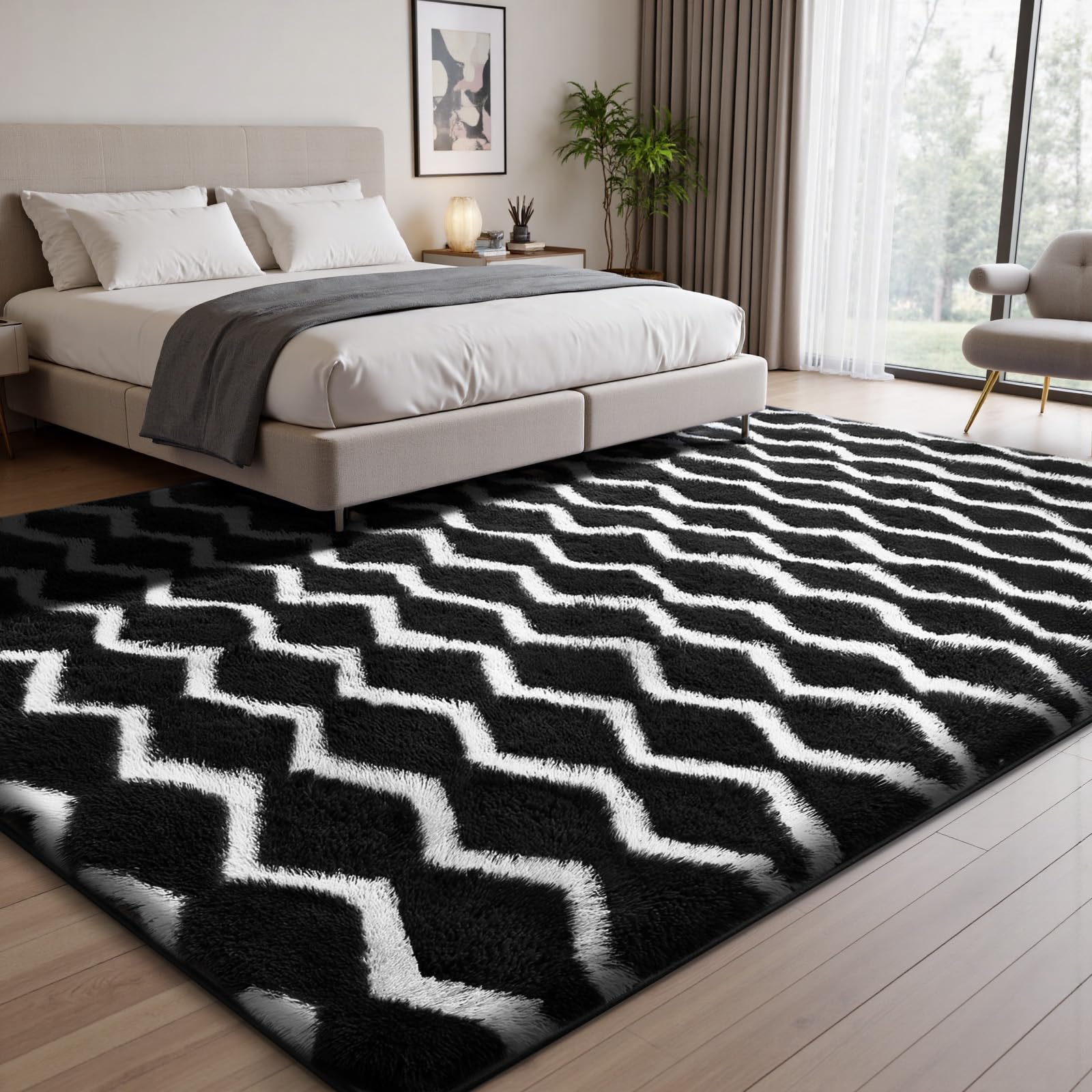 Sour Lemon Alfombra Salón Pelo Largo a Rayas, Alfombra Shaggy Grande Antideslizante para Dormitorio, habitación de los niños, Alfombra Lavable Moderna y Suave, En Blanco y Negro, 160x230 cm