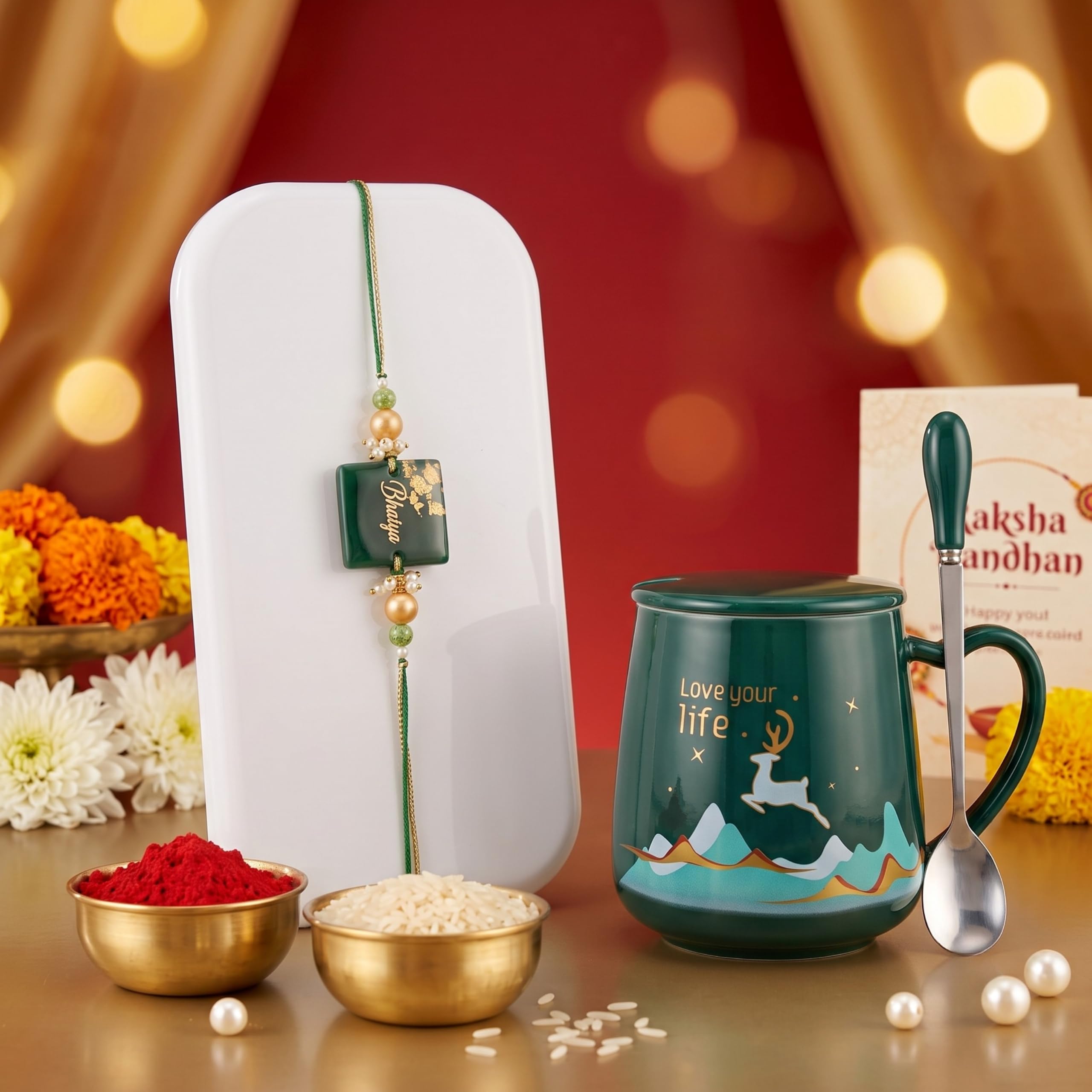 NYRWANA Coffee Mug, Birthday Gift, Mugs for Present, Rakshabandhan Gift for Sister, Cute Mugs, Love Your Life Mug with Lid, Spoon & Rakhi with Tilak and chawal (420ml - Green)