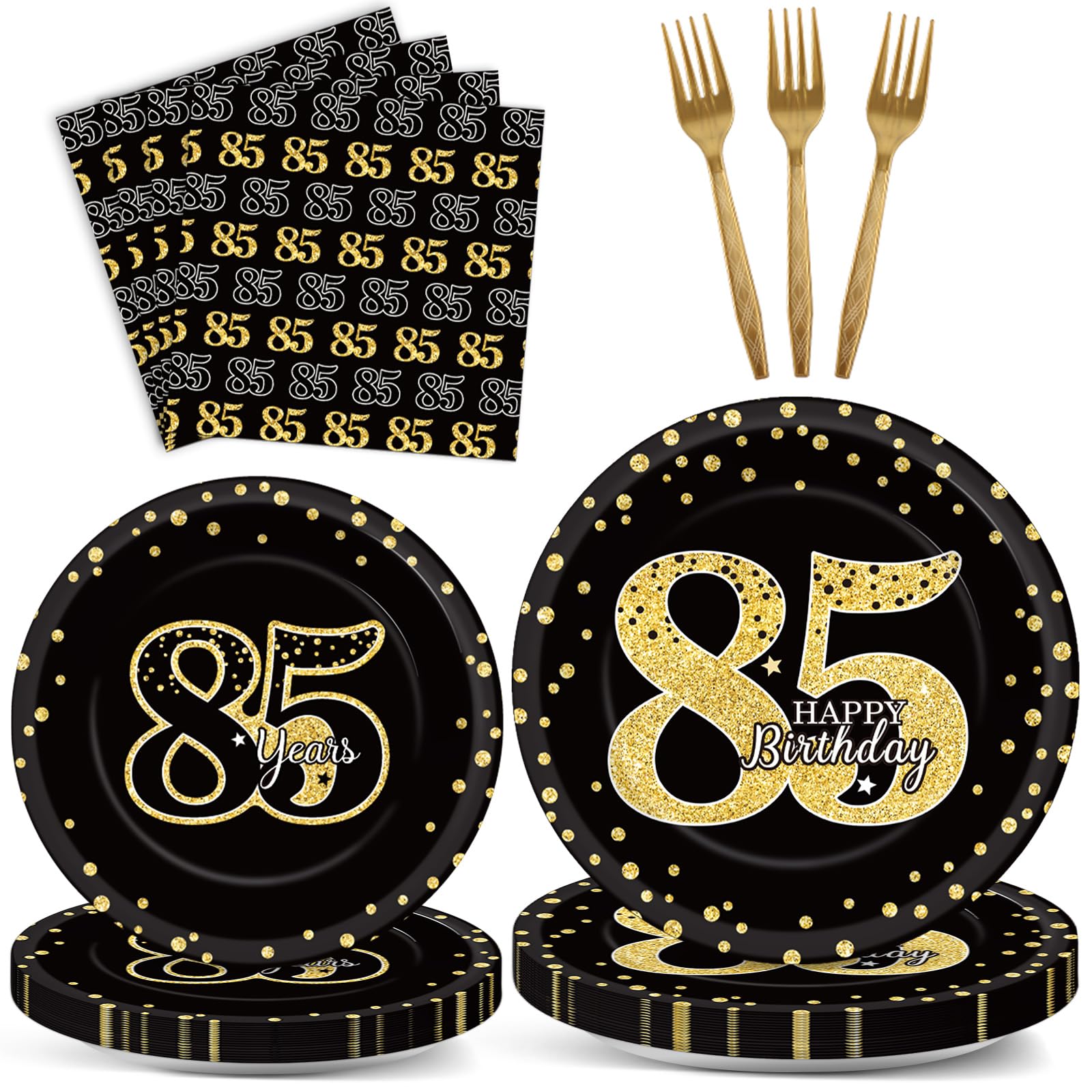 96 Pcs 85th Birthday Party Supplies - Tableware Plates, Cheers to 85 Years Table Decorations, Dinnerware, Happy 85th Birthday Party Favor for 24