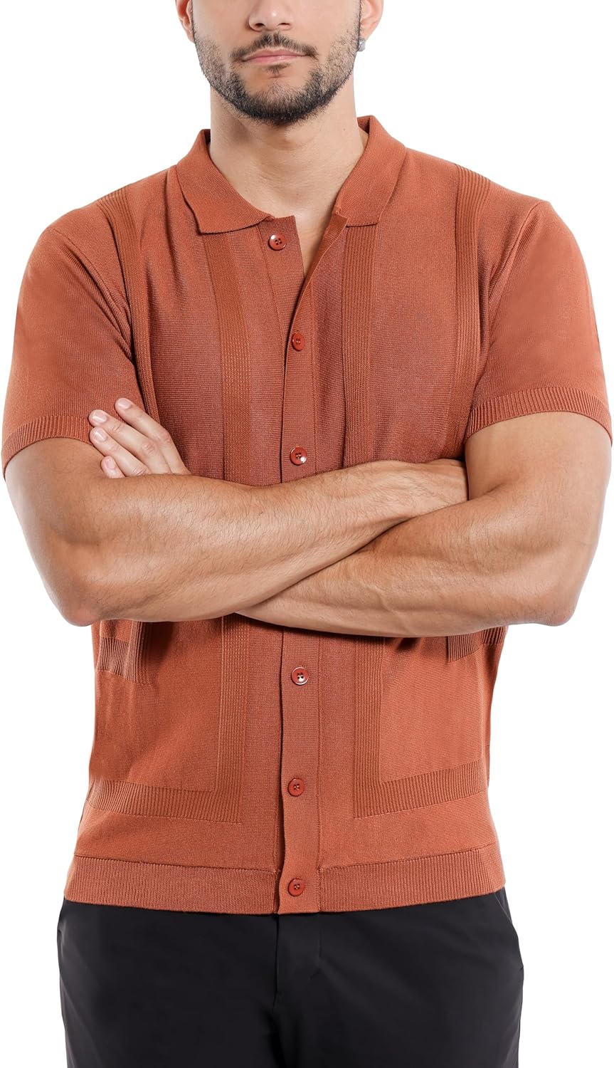 Men’s Short Sleeve Button Down Soft Textured Knit Polo Shirt, Slim Fit Casual T-Shirt for Men