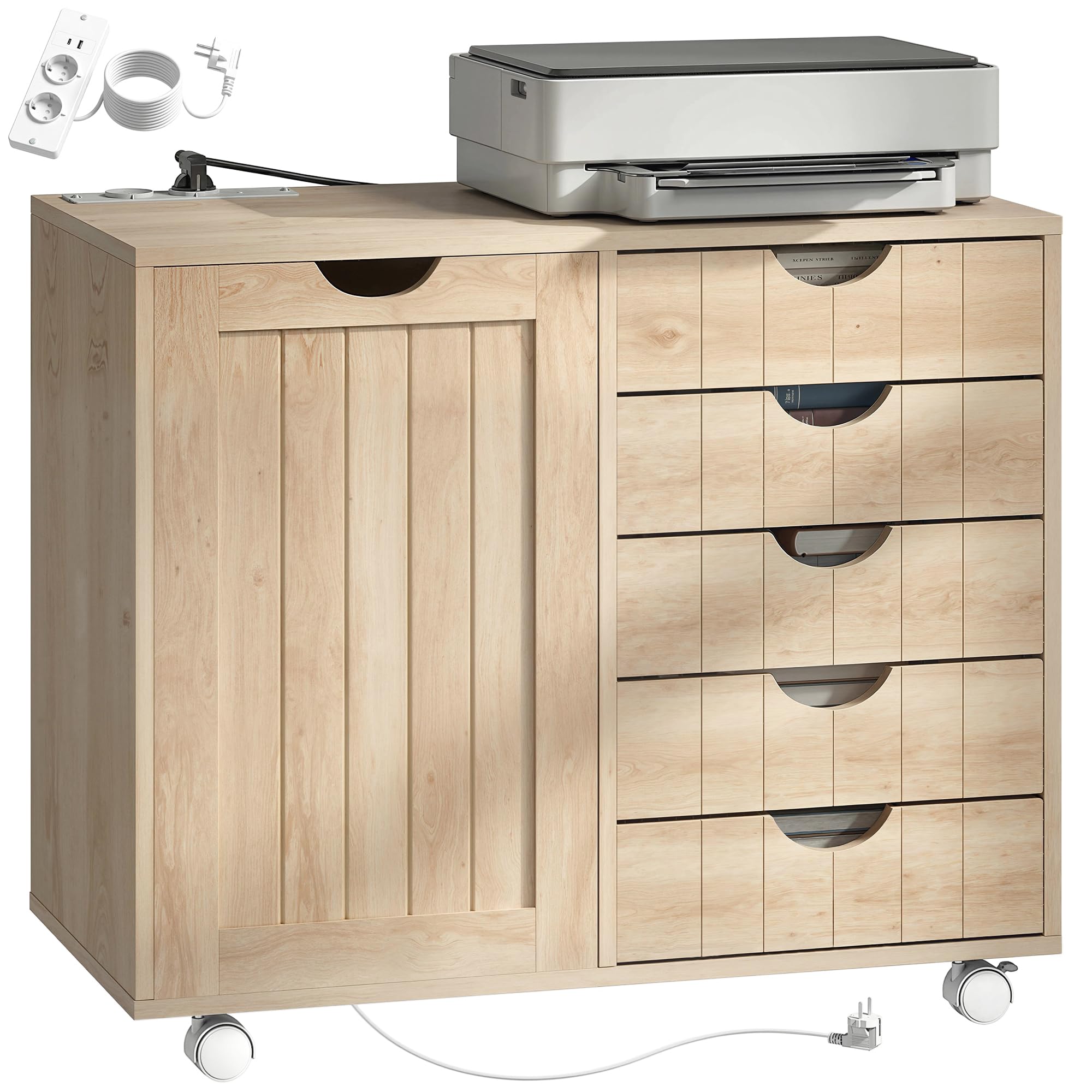 HOMCOM Mueble para Impresora con Estación de Carga y Ruedas, Soporte para Impresora, Cajonera para Escritorio con 5 Cajones, Puertos USB, Estante Ajustable para Archivador, Oficina en Casa, Natural