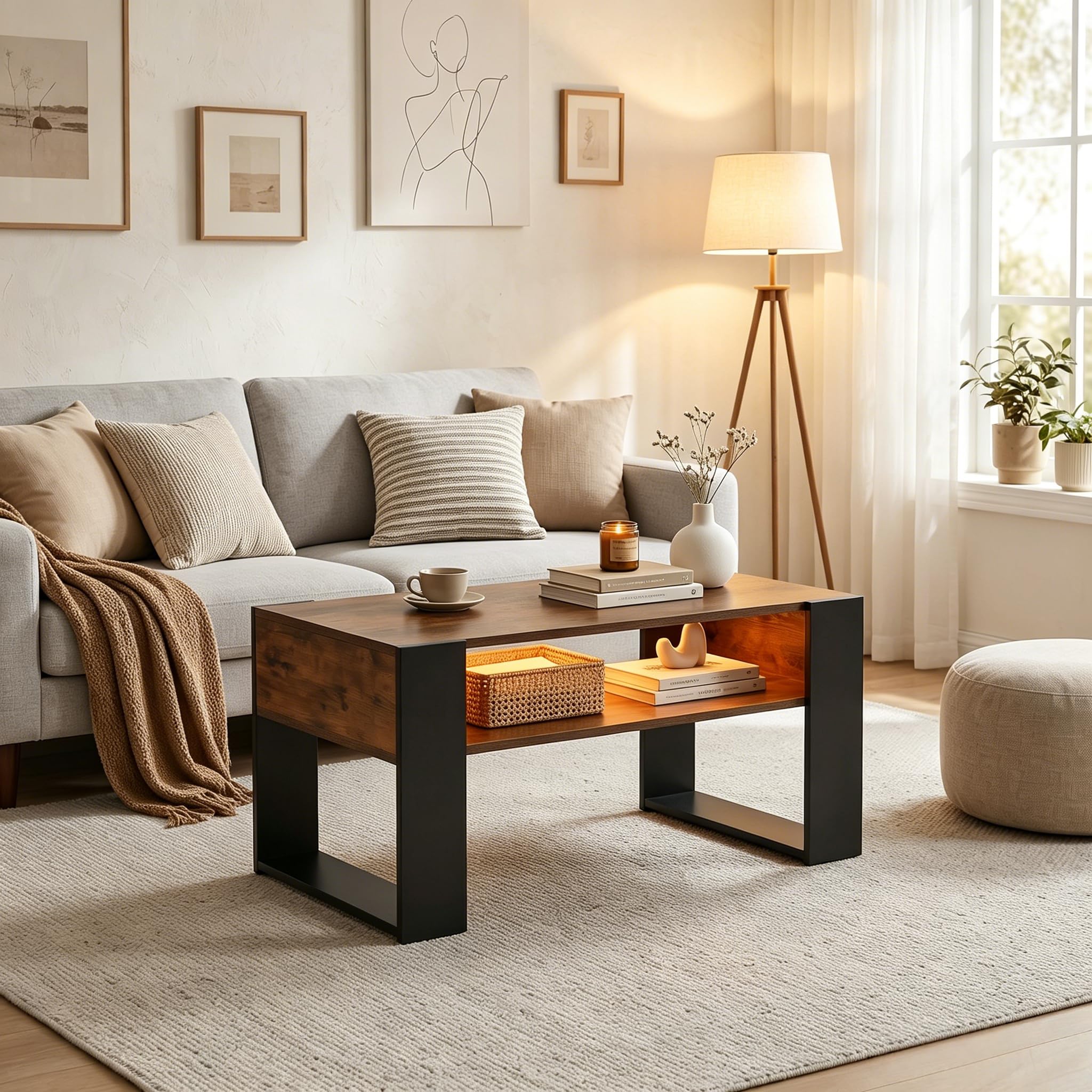 LED Couchtisch mit Stauraum, Wohnzimmertisch mit 2 Ebenen, moderner Sofatisch aus Holz, Beistelltisch fürs Wohnzimmer im Industrie-Design, 92x47x45 cm, Vintage Braun-Schwarz