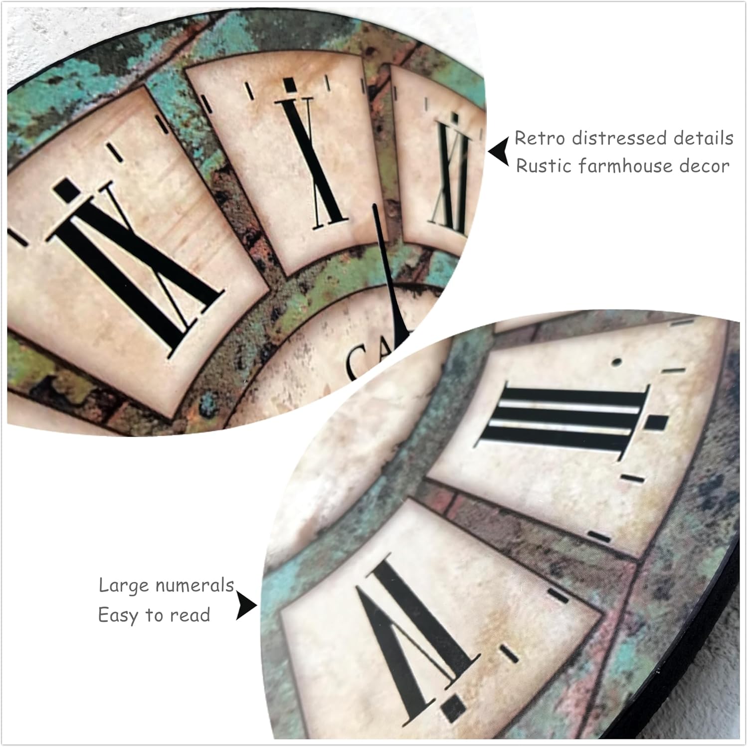 Qukueoy 12 Inch Silent Round Wooden Wall Clock Rustic Country Style, Battery Operated, Vintage Farmhouse Wall Decor for Living Room, Kitchen, Bedroom, Office