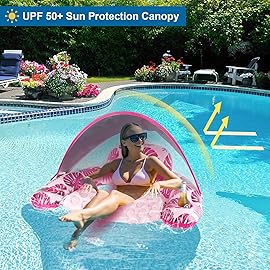 COOLCOOLDEE Pool Float with Canopy, Cup Holder - XL Pool Chair Lounge Float with Adjustable Sun Shade Cover, Drink Holder, Ergonomic Headrest,Inflatable Pool Float for Adults