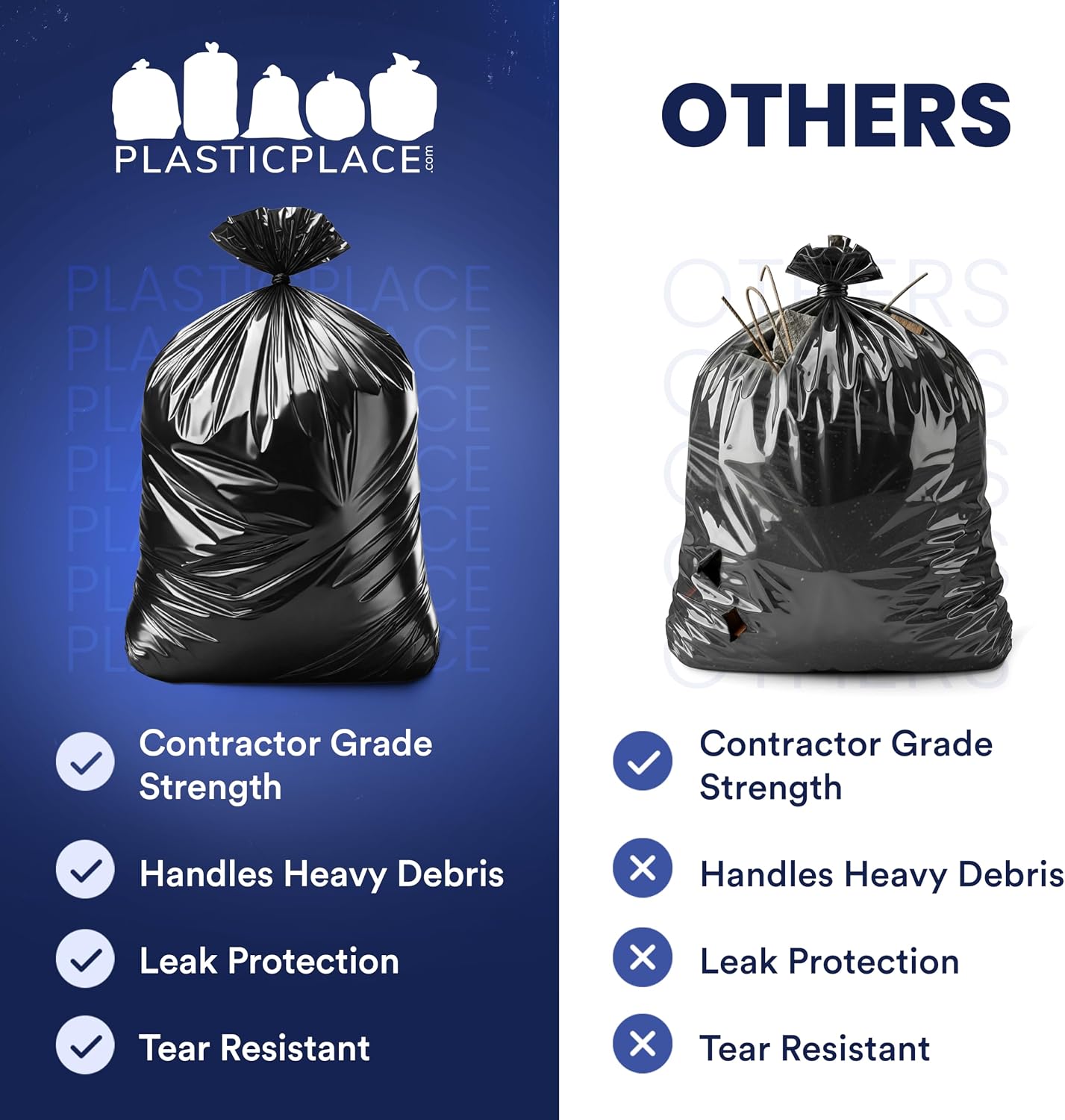 Plasticplace Contractor Trash Bags 55-60 Gallon, 3.0 Mil, Black Heavy Duty Garbage Bag, 38” X 58” (50Count)