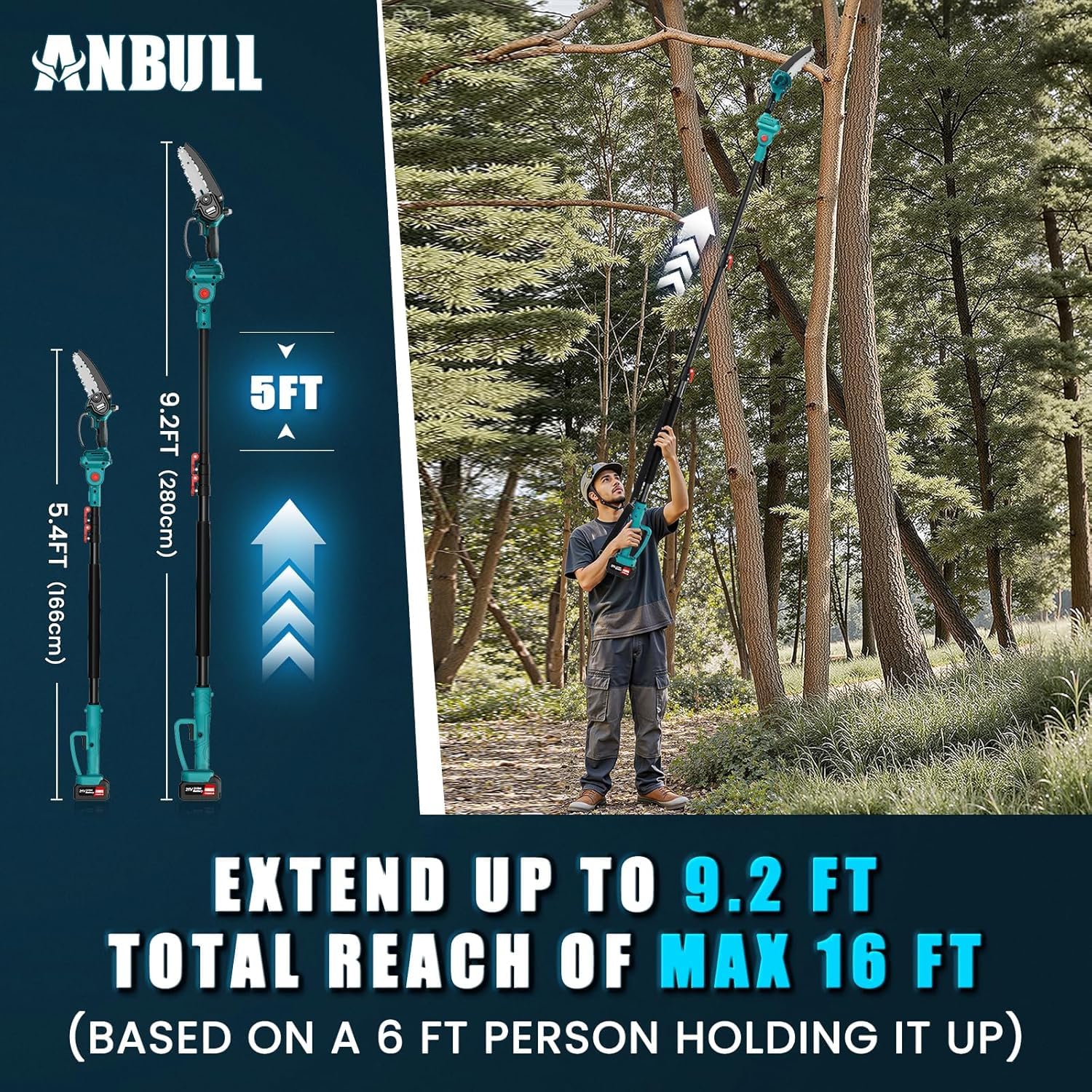 Anbull 2-en-1 Motosierra Bateria con Pértiga6" con Alcance 4.8m | 2 Baterías 4000mAh, Motor Brushless, Compatible con Baterías Makita 18V - para Jardinería