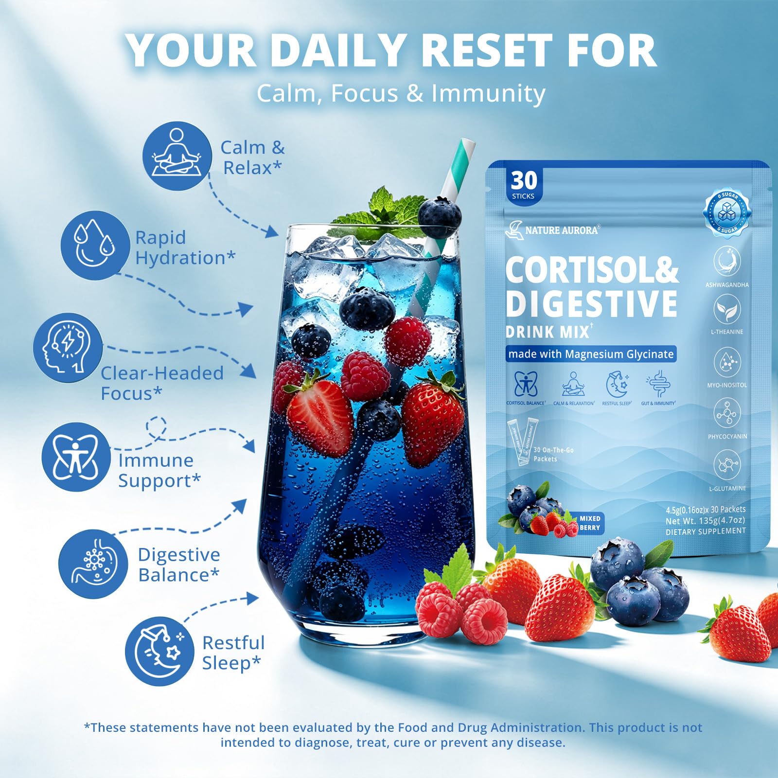 Calming Cortisol Supplement for Women, Calm Magnesium Glycinate Powder Drink Mix with Ashwagandha, Blue Spirulinac, L-Theanine, GABA, For Cortisol Balance Sleep Relax Mood, Mixed Berry , 30 Ct — Amazon image 4
