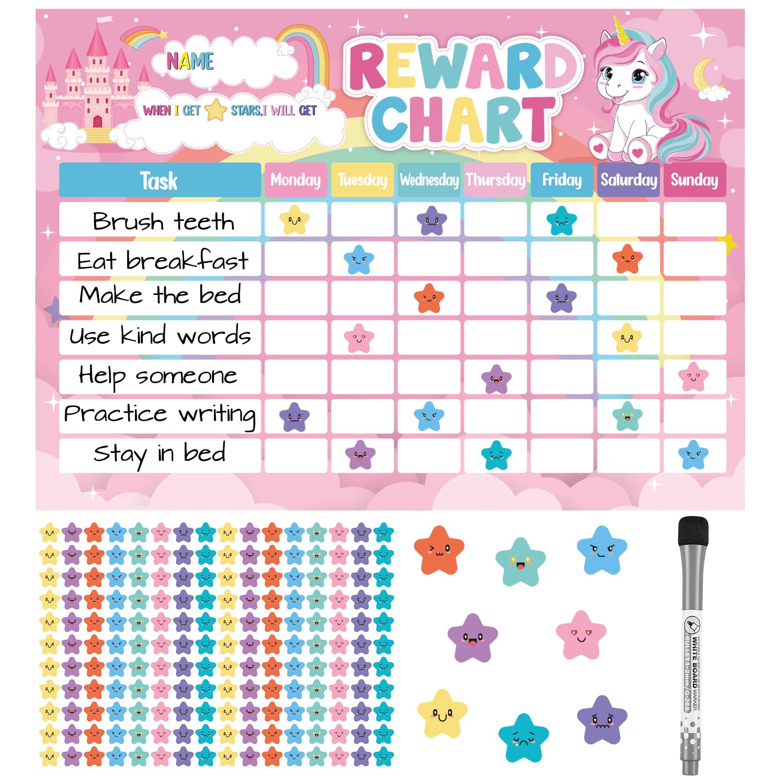 Reward Chart for Kids, with 176 Star Stickers & Dry Erase Marker, Unicorn