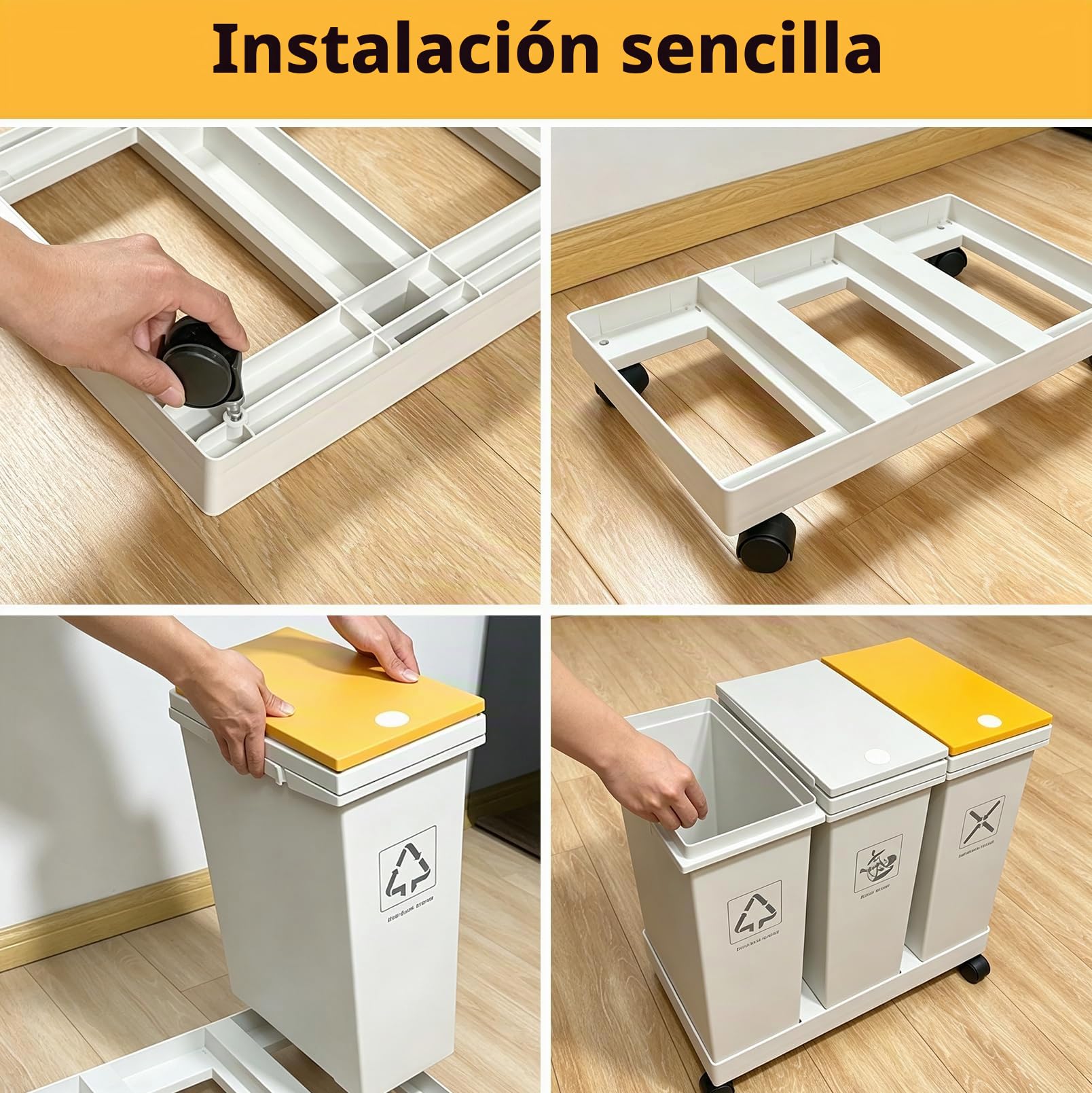 Set de papeleras de 3 unidades, 3 X 12L Sistema de separación de basura para cocina con base | Cubo de basura diferenciado extraíble, cubo de basura con tapa y ruedas, para cocina, hogar, oficina, cubo de basura